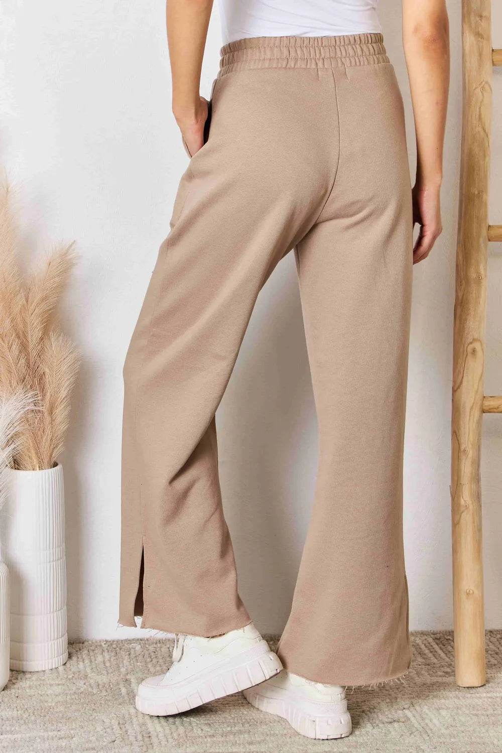 RISEN Wide Waistband Slit Wide Leg Pants - ELY VESSA LLC