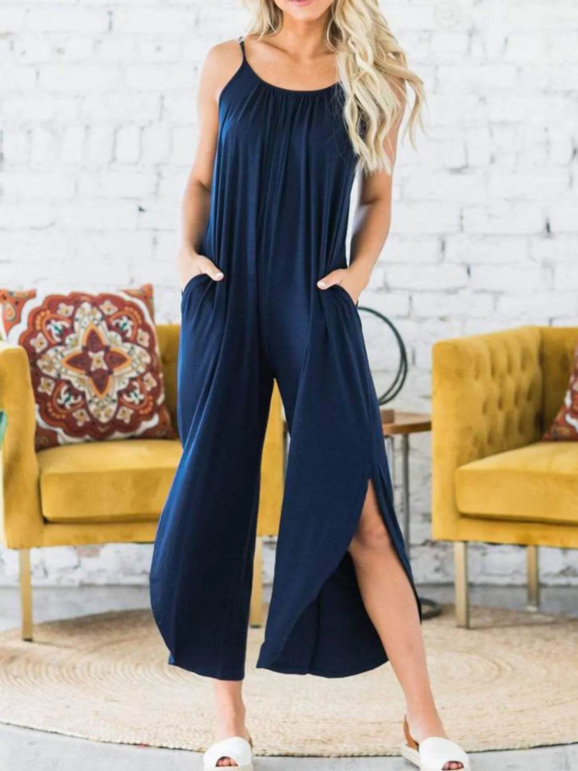 Slit Spaghetti Strap Jumpsuit with Pockets - ELY VESSA LLC