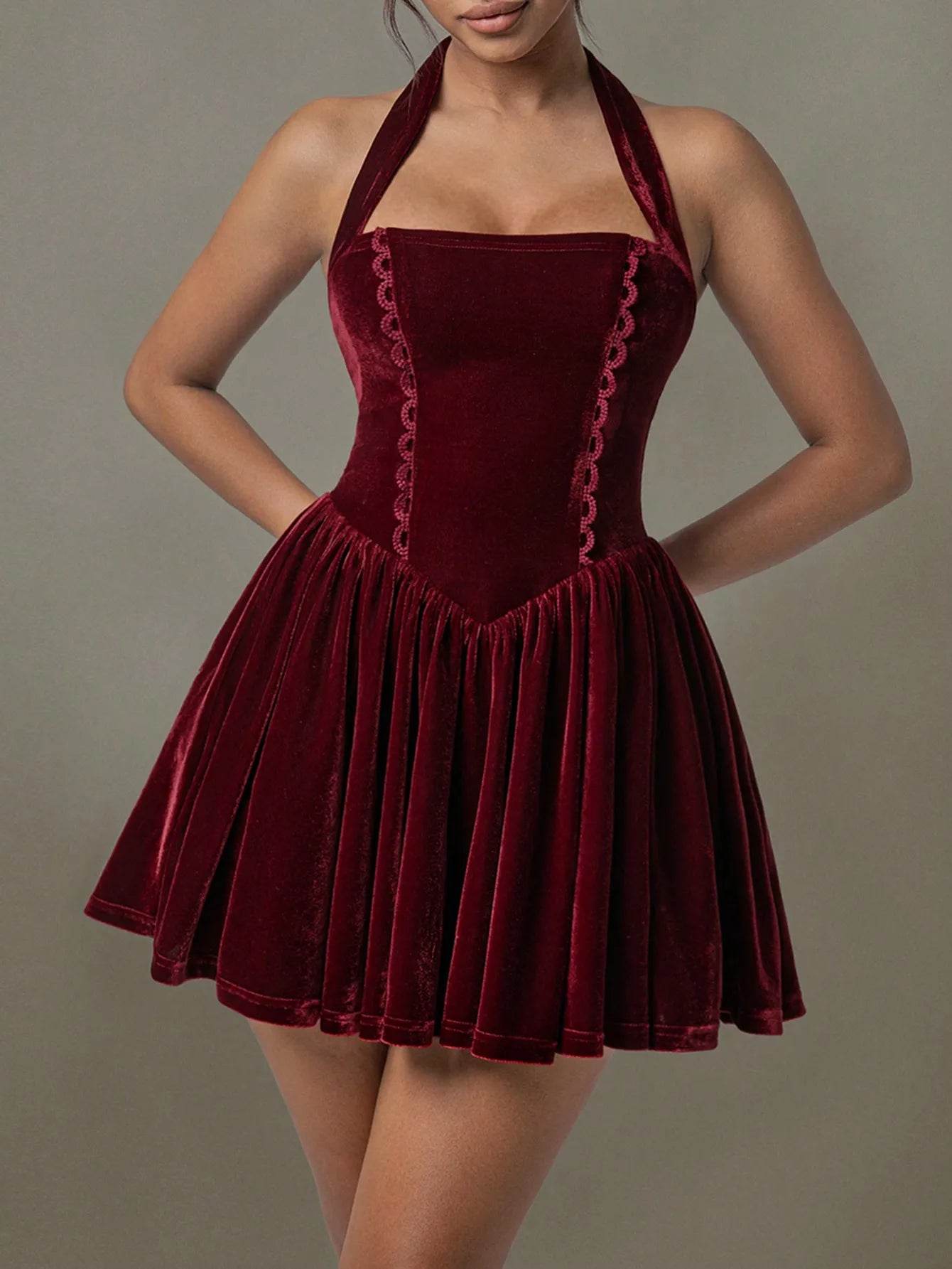 Velvet Halter Skater Dress - ELY VESSA LLC