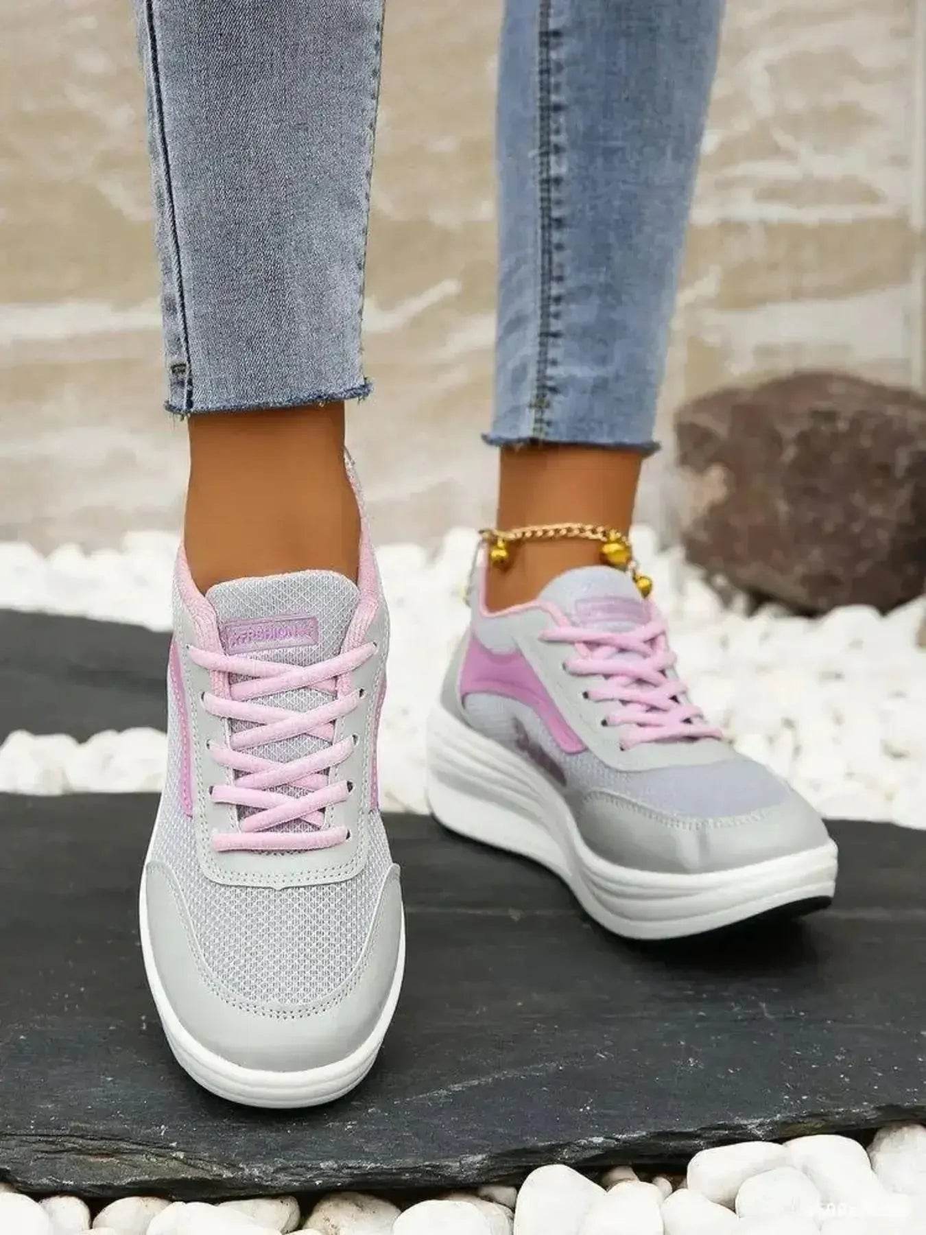 Breathable Lace Up Contrast Mesh Athletic - ELY VESSA LLC