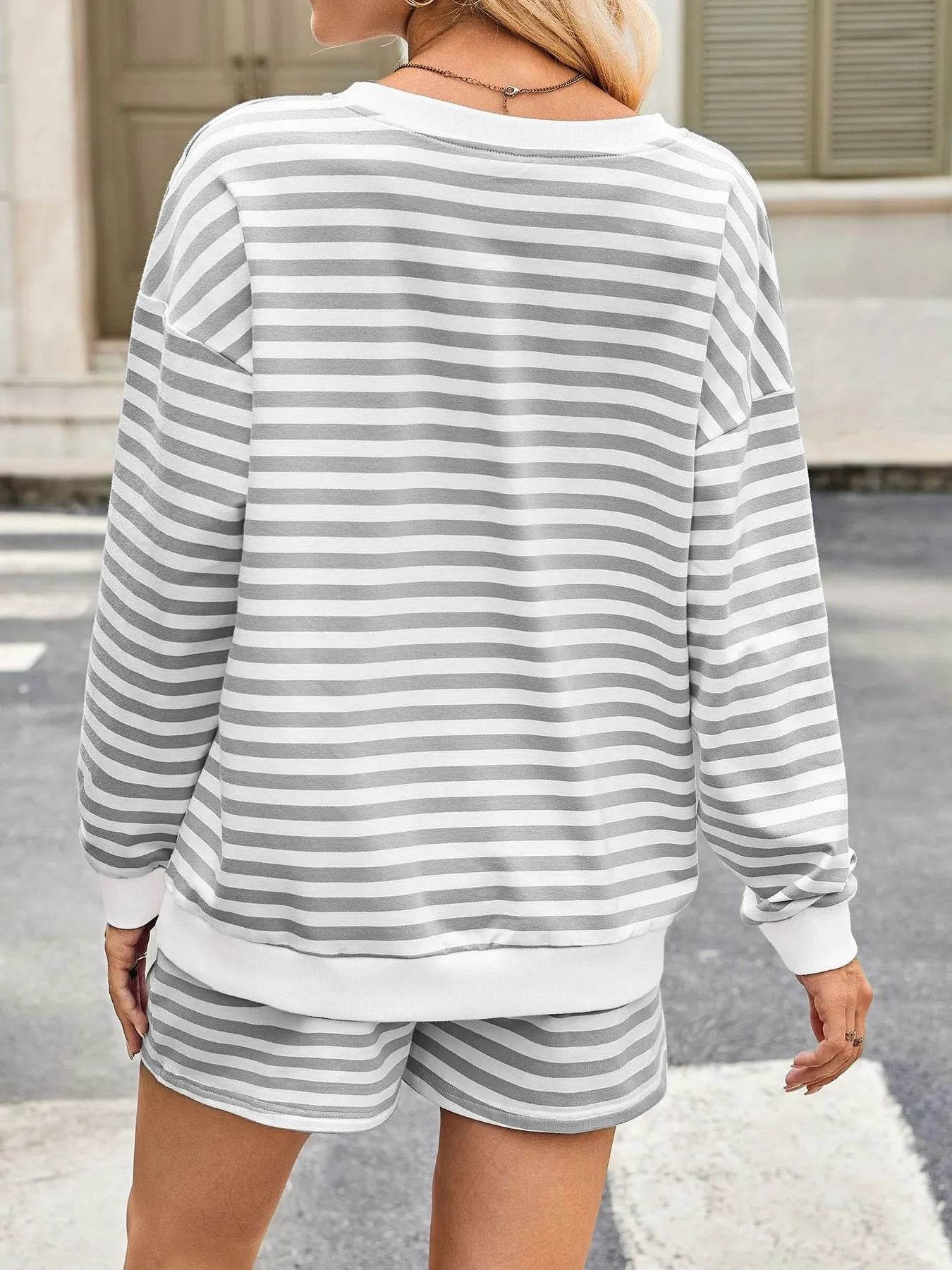 Striped Long Sleeve Top and Shorts Set - ELY VESSA LLC