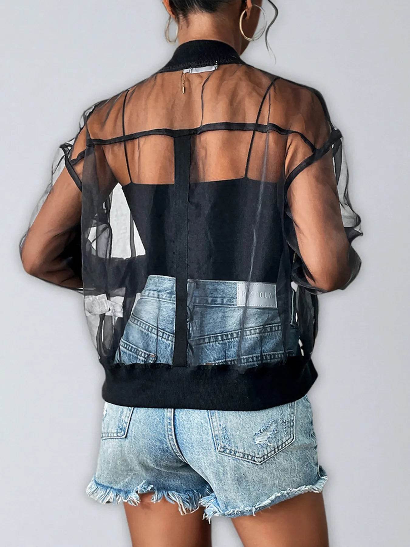 Sheer Mesh Zip Up Jacket - ELY VESSA LLC