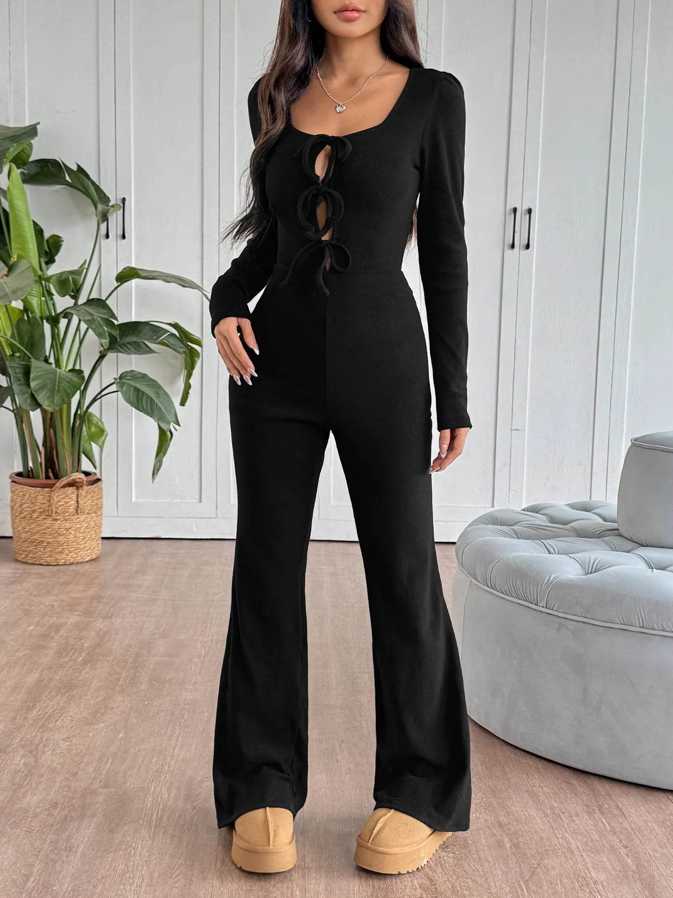 Tie Front Long Sleeve Flare Jumpsuit - ELY VESSA LLC