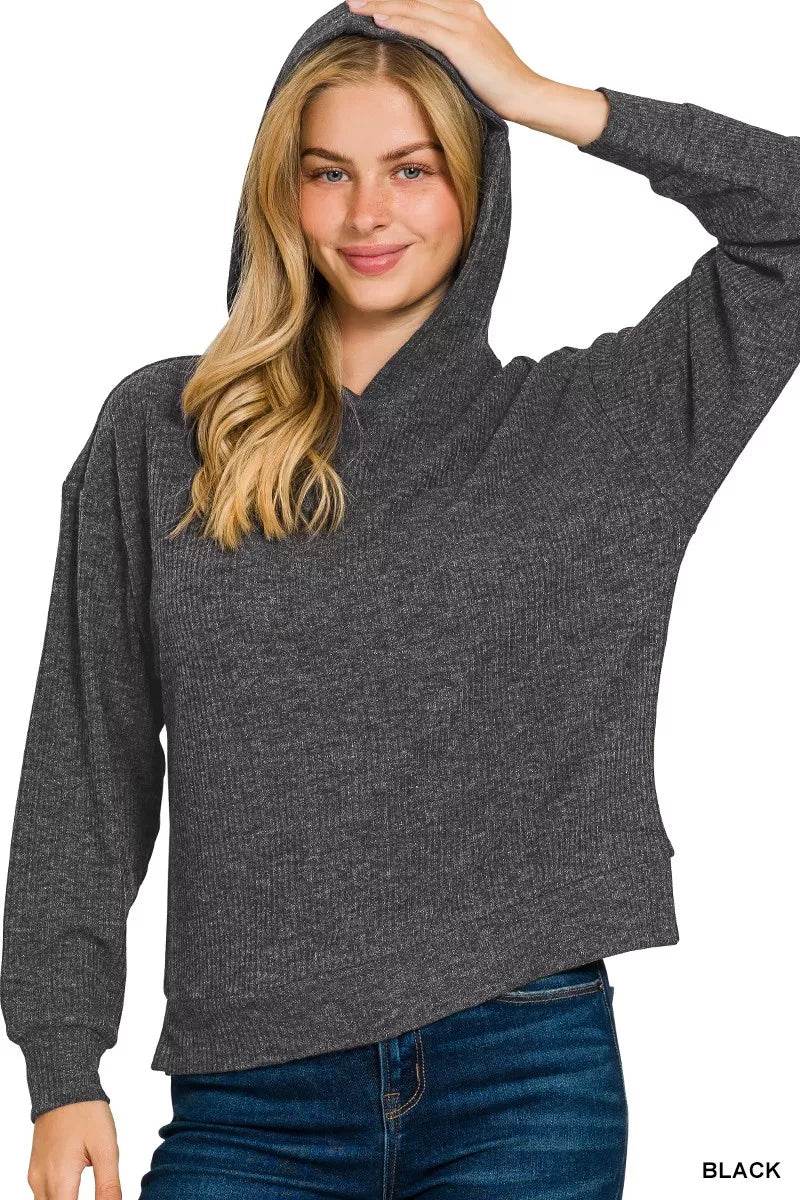 Zenana Ribbed Long Sleeve Hoodie - ELY VESSA LLC