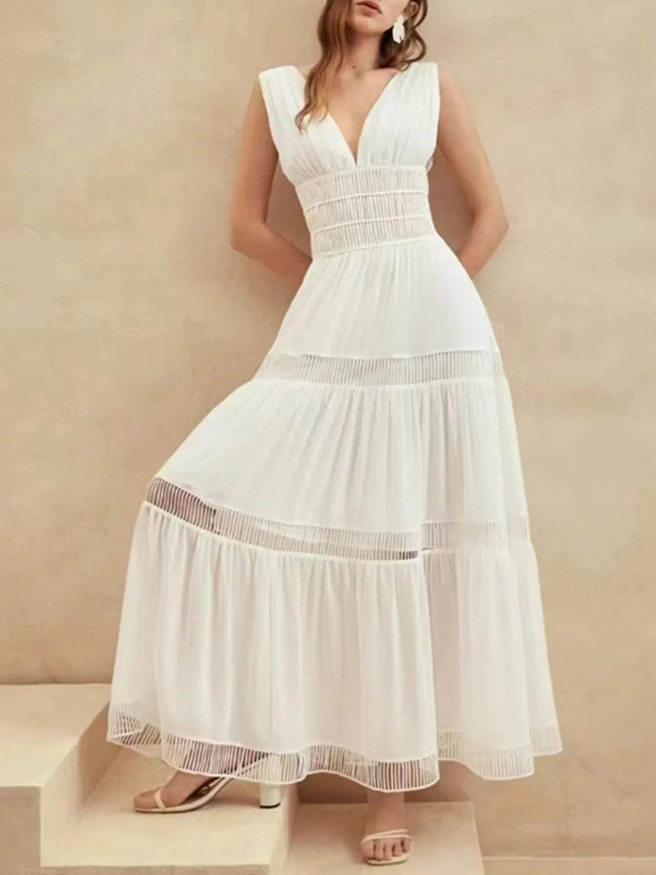 Tiered V-Neck Sleeveless Maxi Dress - ELY VESSA LLC