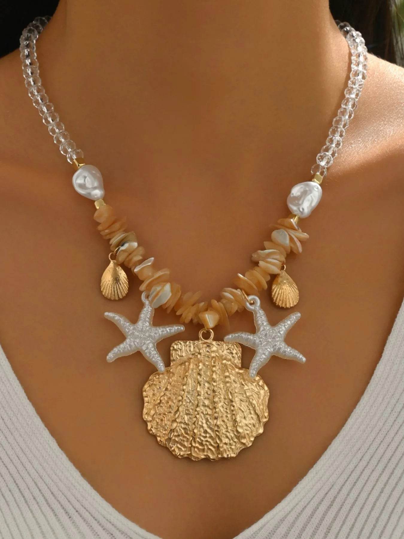 18K Gold-Plated Beach Shell Starfish Pendant Necklace - ELY VESSA LLC