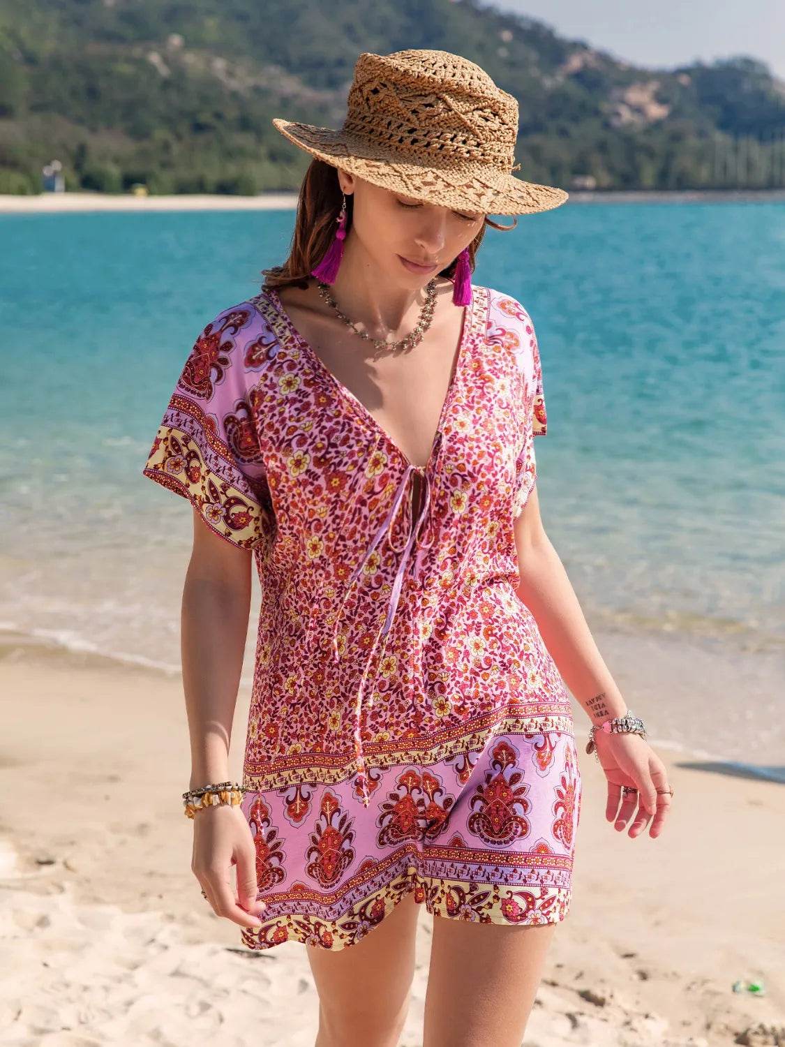 Printed V-Neck Short Sleeve Romper - ELY VESSA LLC