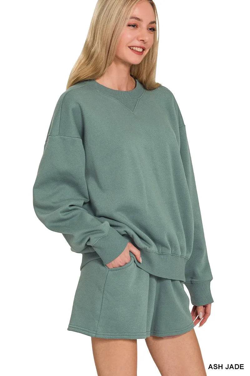 Zenana Fleece Long Sleeve Sweatshirts & Shorts Set - ELY VESSA LLC