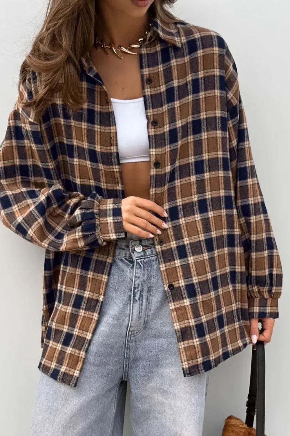 Plaid Button Up Drop Shoulder Shacket - ELY VESSA LLC