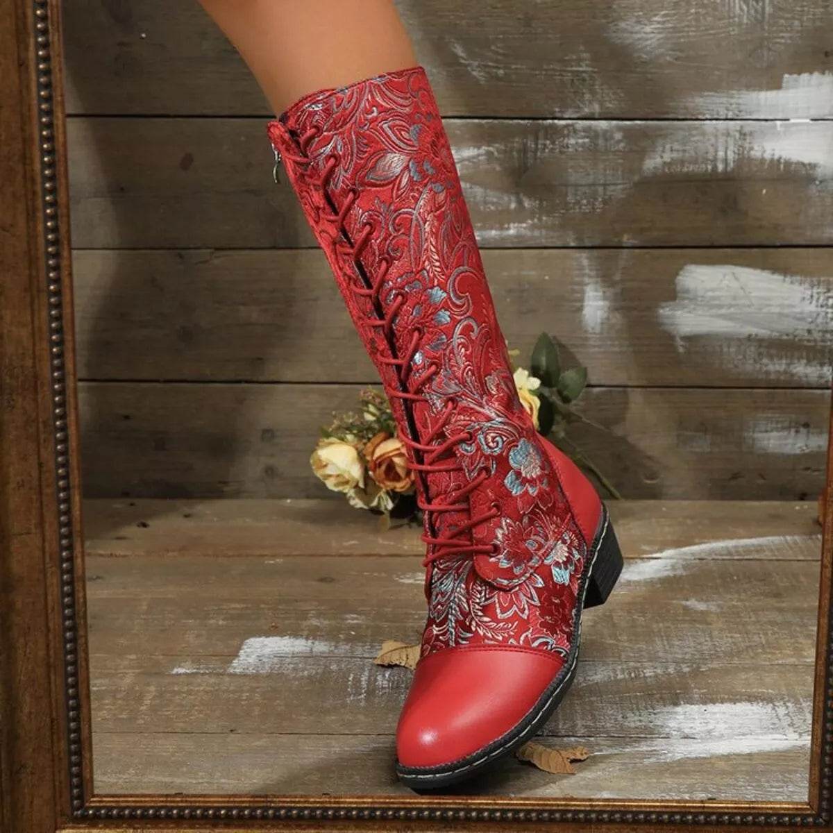 Lace Up Block Heels Boots - ELY VESSA LLC