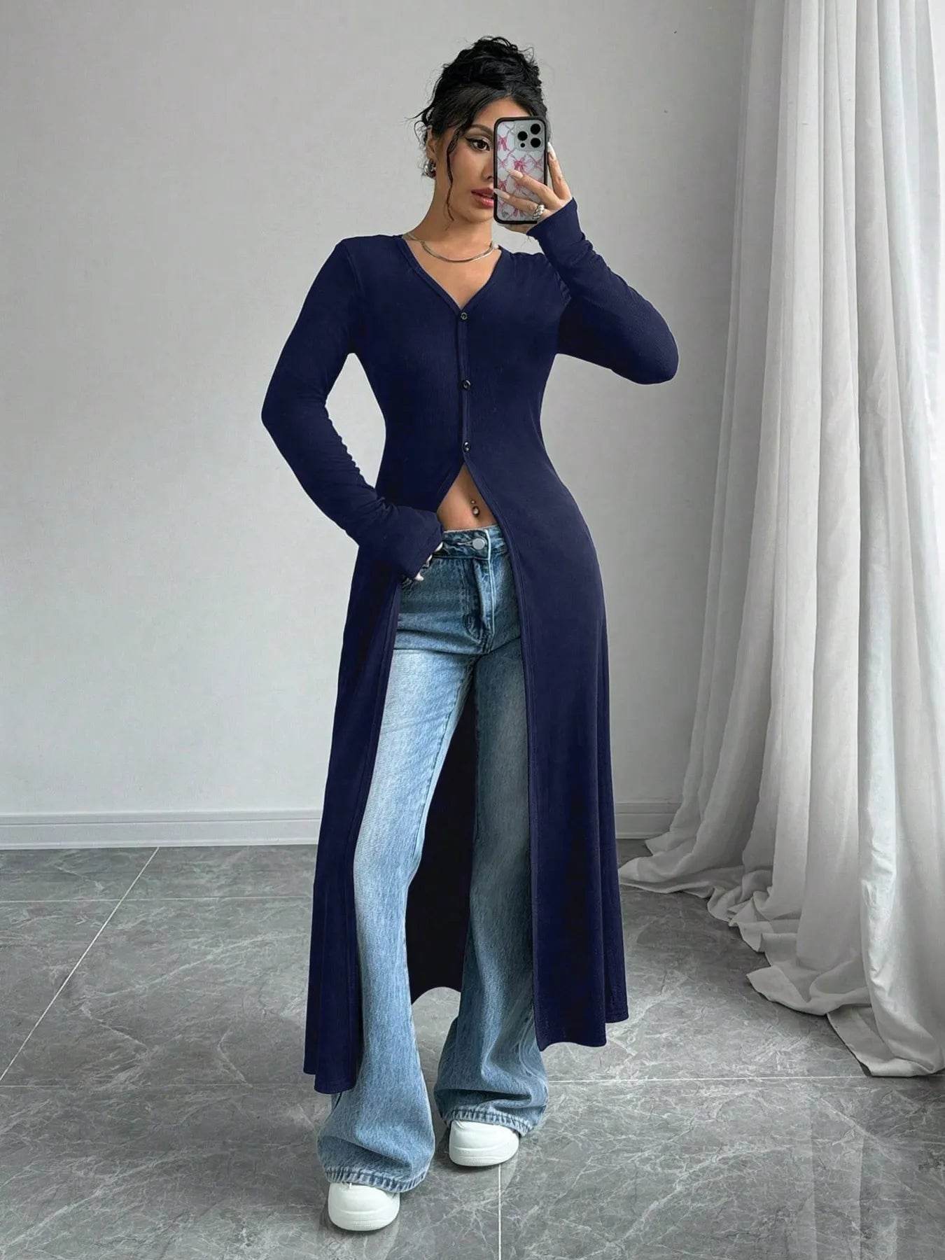 V-Neck Button-Front Longline Cardigan - ELY VESSA LLC