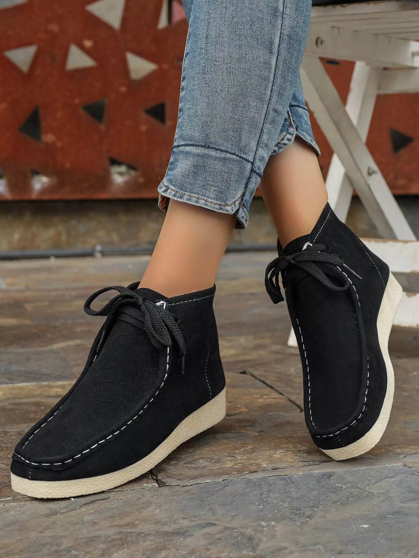 Lace Up Wedge Ankle Boots - ELY VESSA LLC