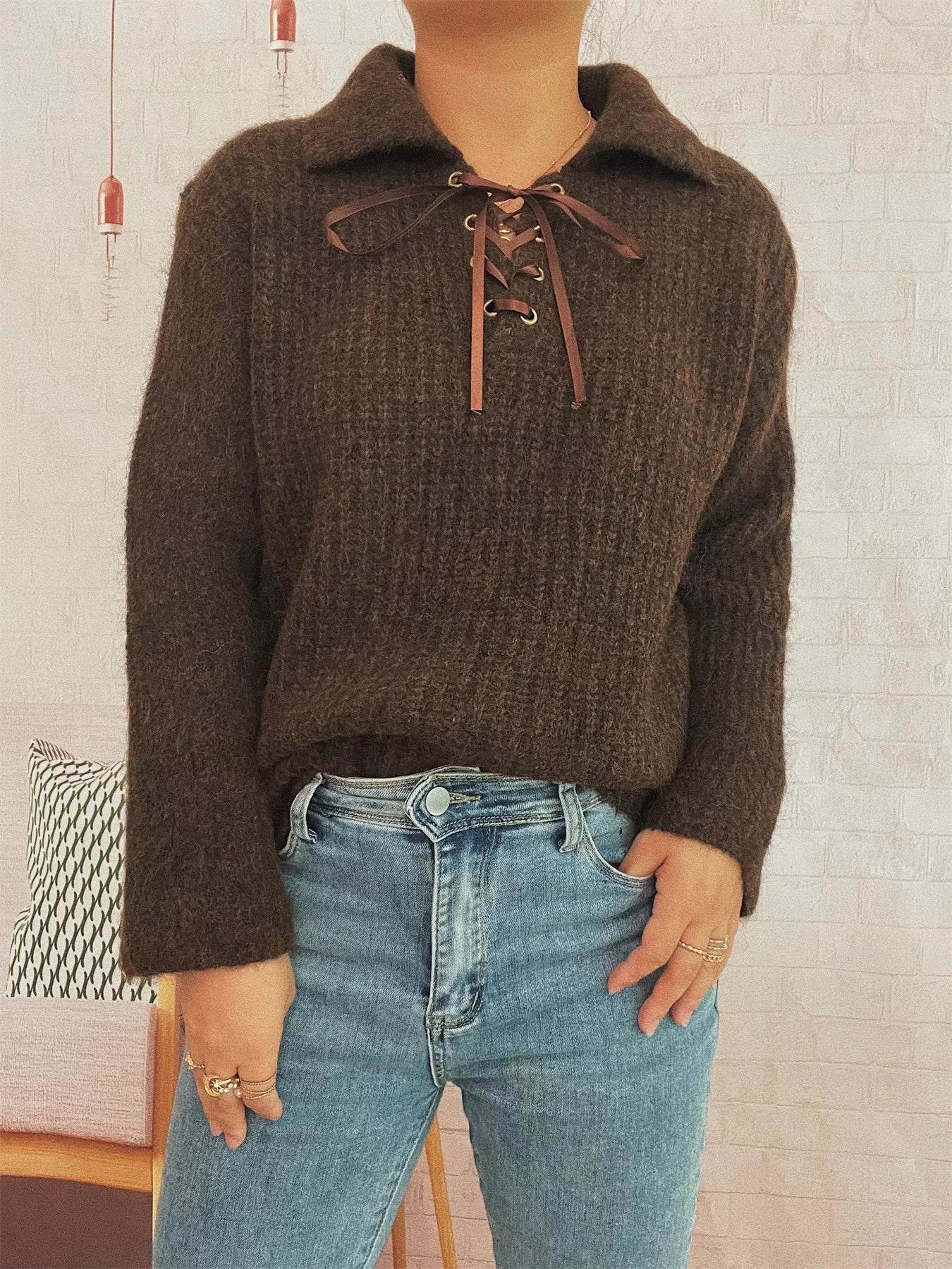 Lace Up Long Sleeve Sweater - ELY VESSA LLC