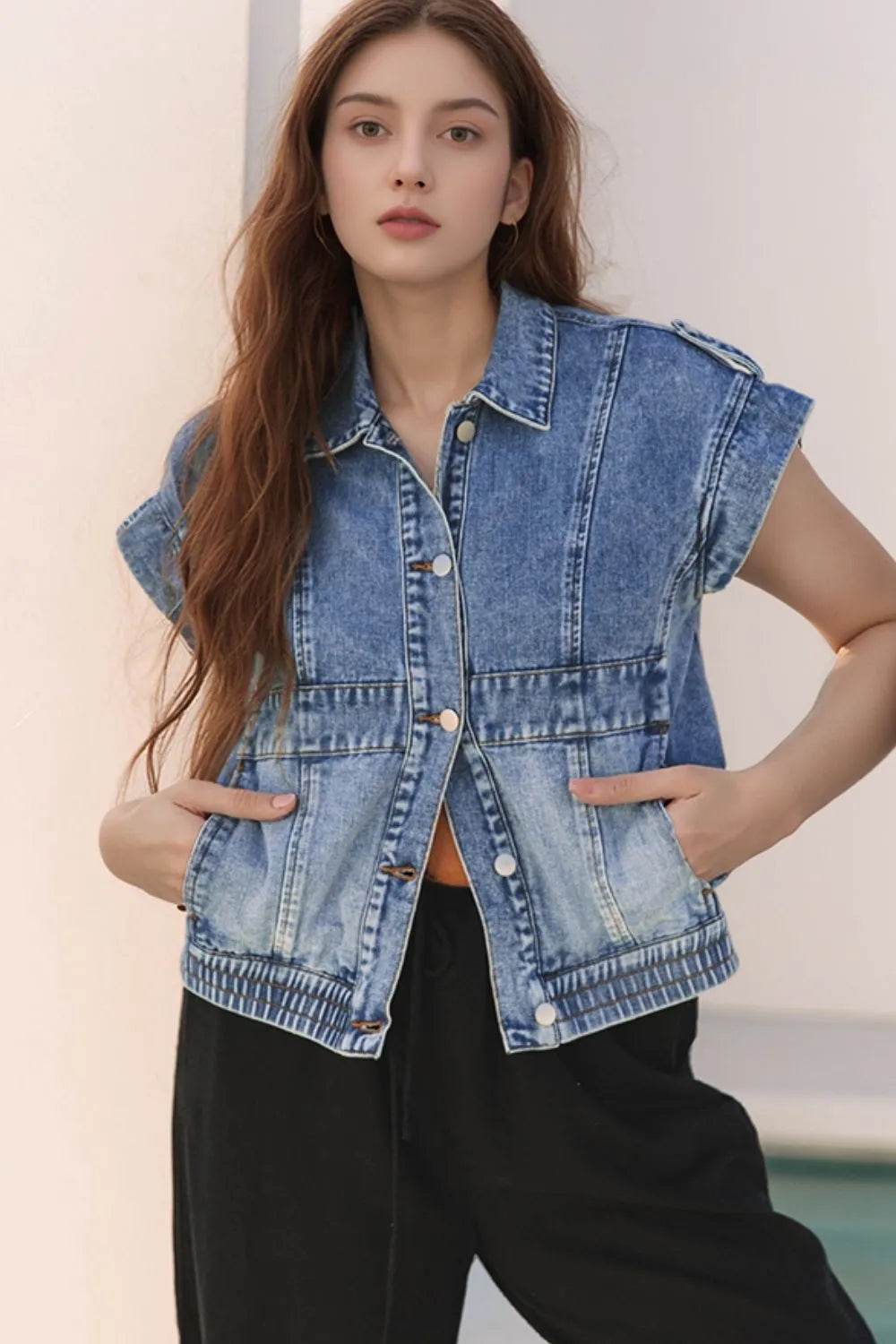 Button Up Cap Sleeve Denim Jacket - ELY VESSA LLC