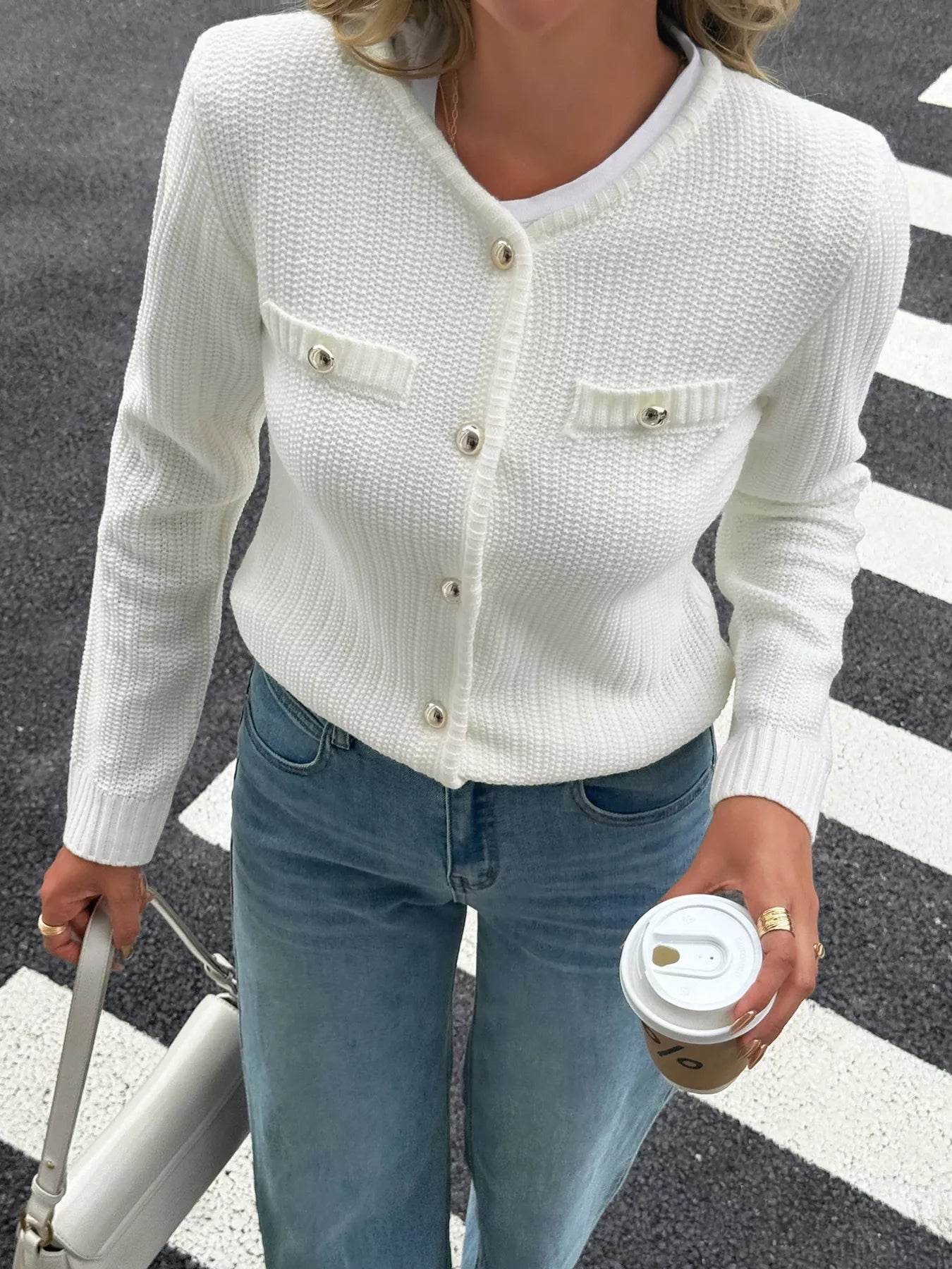 Button-Front Ribbed Long Sleeve Cardigan - ELY VESSA LLC