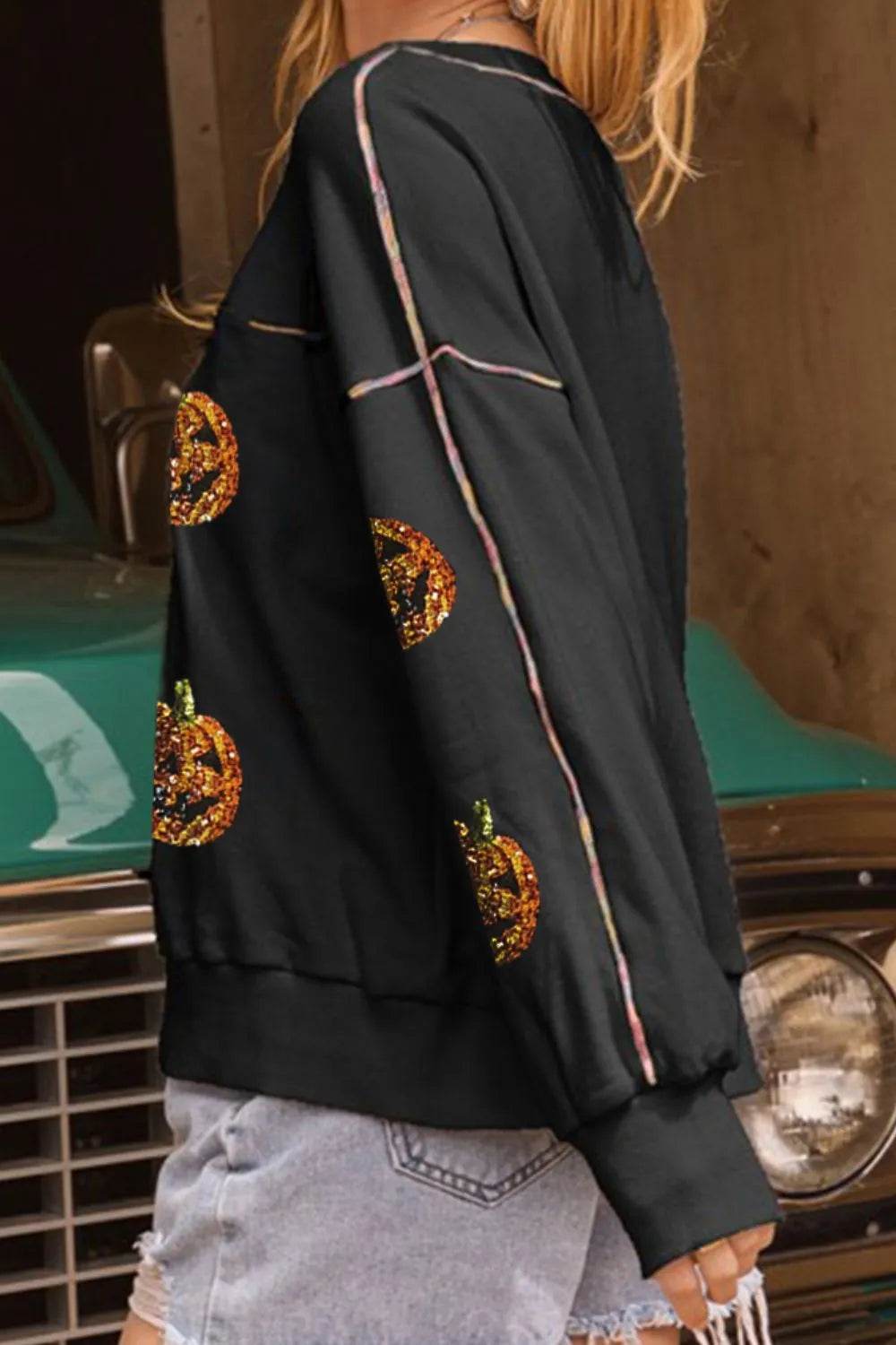 Sequin Pumpkin Round Neck Long Sleeve Sweatshirt - ELY VESSA LLC
