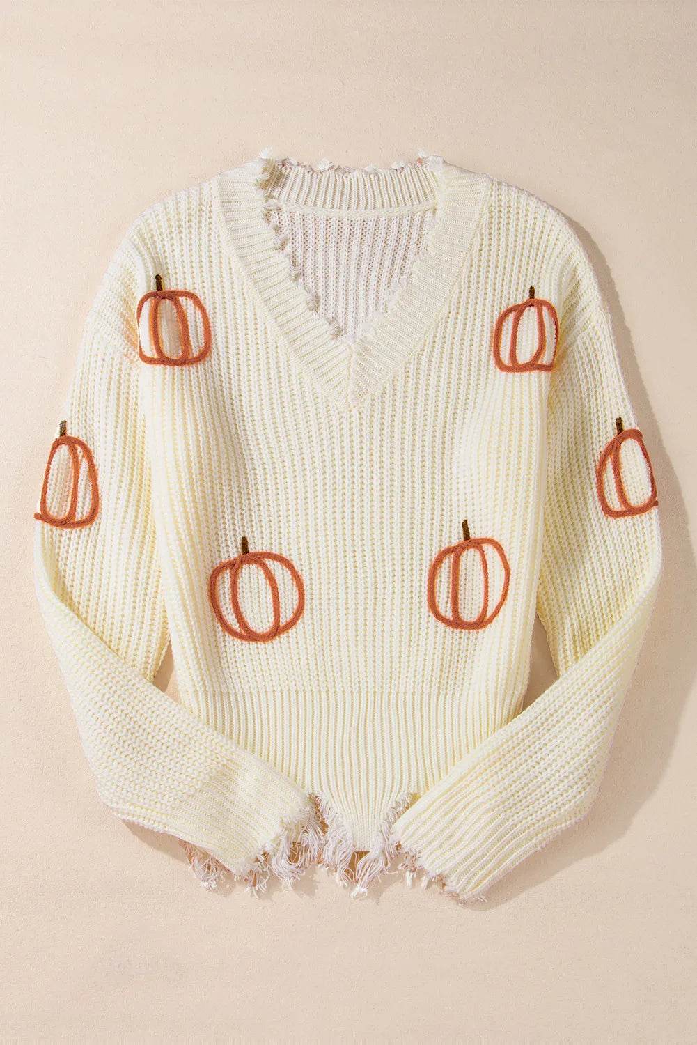 Raw Hem Pumpkin V-Neck Long Sleeve Sweater - ELY VESSA LLC