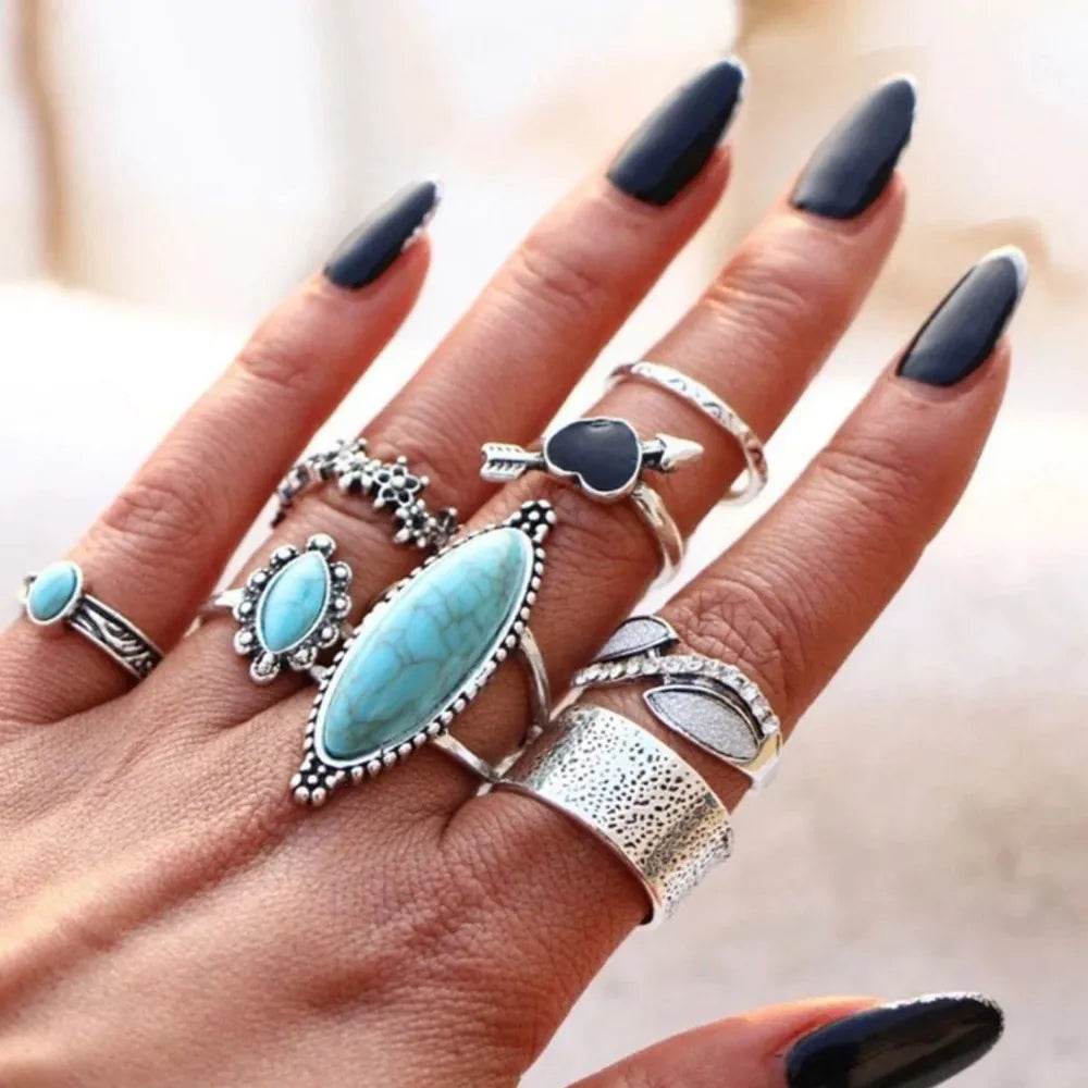 Turquoise Alloy 8-Piece Ring Set - ELY VESSA LLC