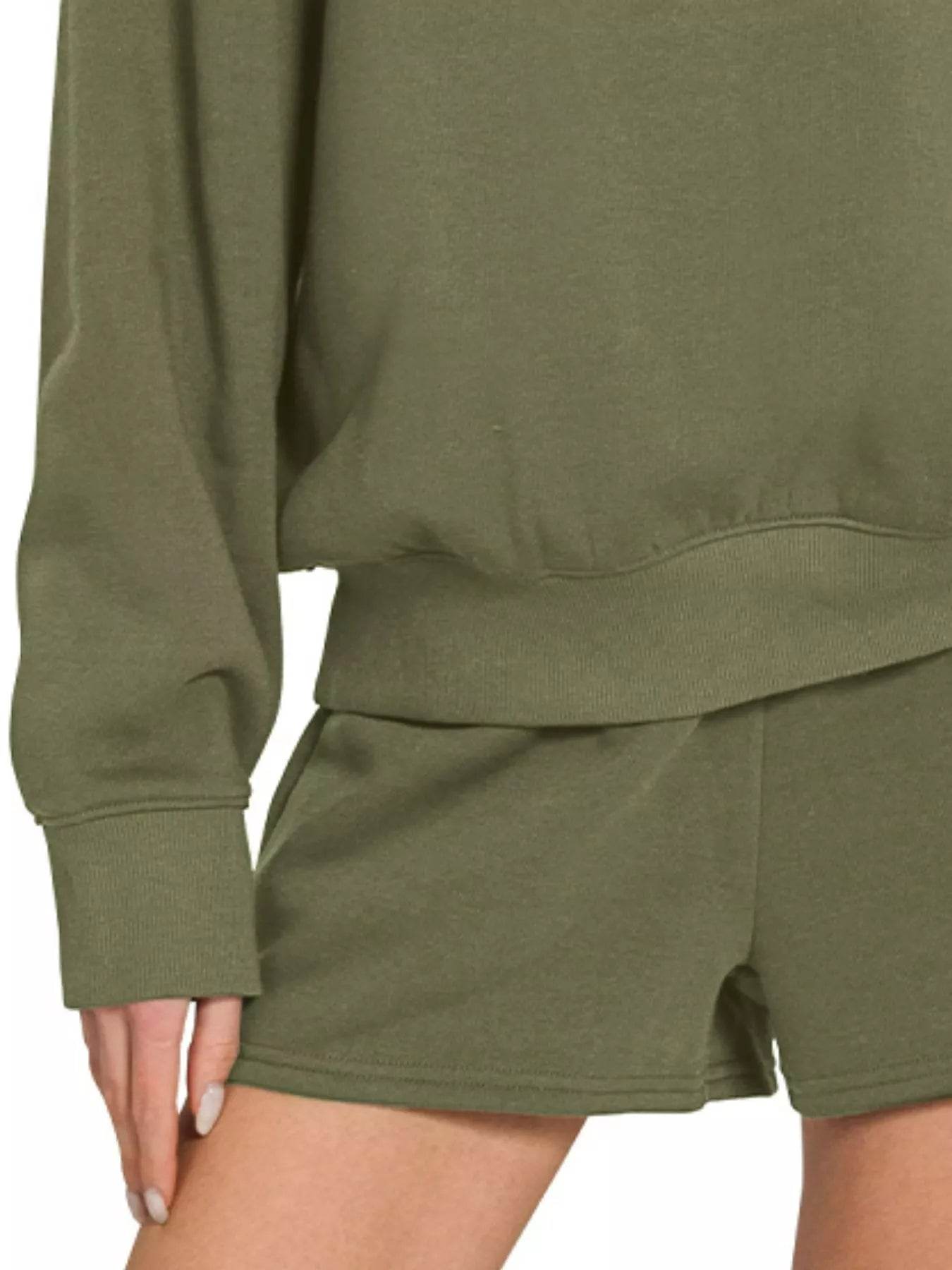 Zenana Fleece Long Sleeve Sweatshirts & Shorts Set - ELY VESSA LLC