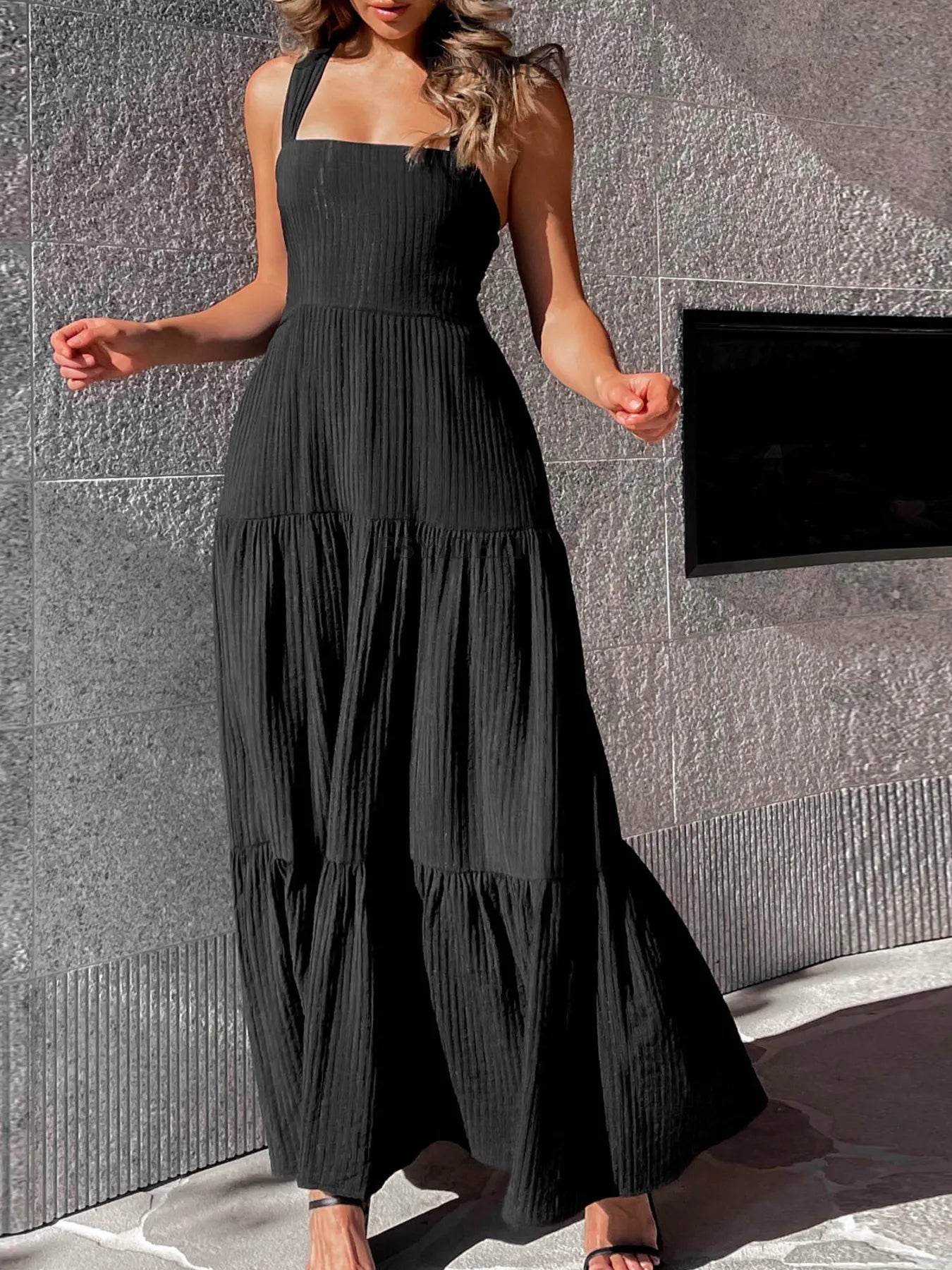Square Neck Tiered Maxi Dress - ELY VESSA LLC