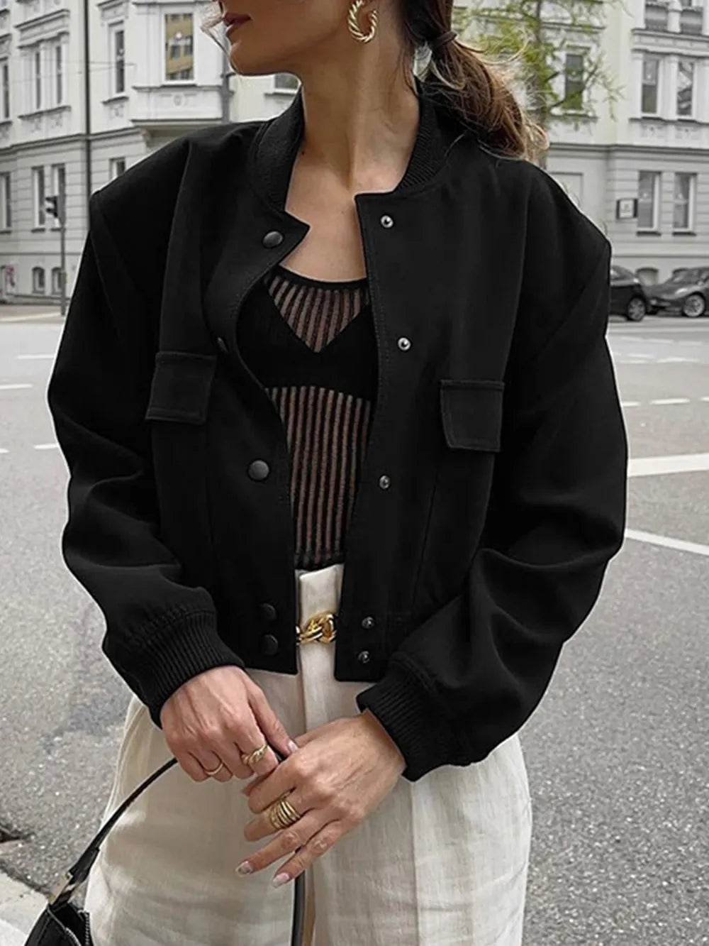 Pocketed Snap Down Baseball Collar Jacket - ELY VESSA LLC