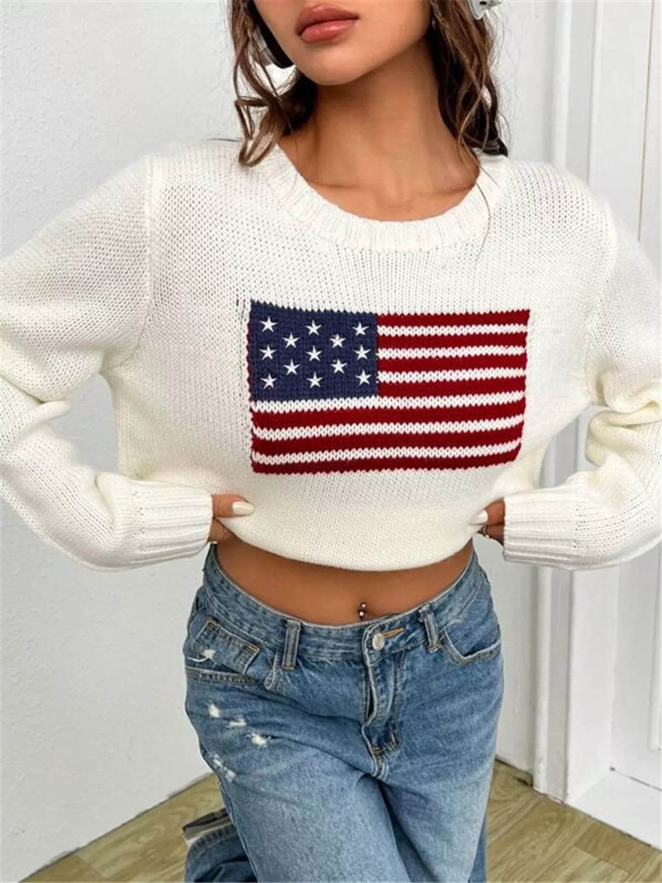 US Flag Round Neck Long Sleeve Sweater - ELY VESSA LLC