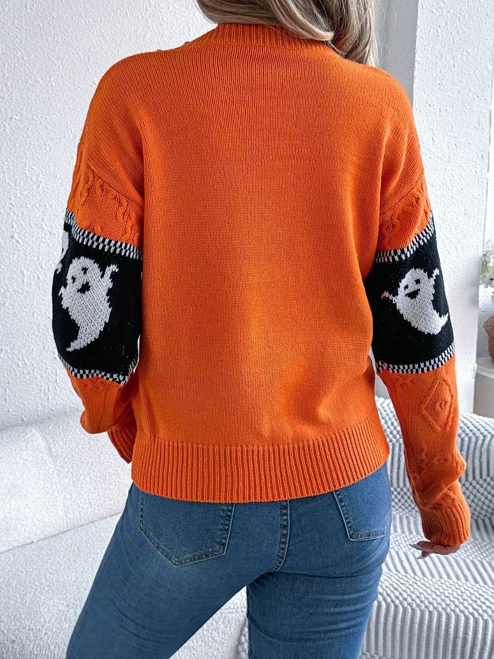 Ghost Round Neck Long Sleeve Sweater - ELY VESSA LLC