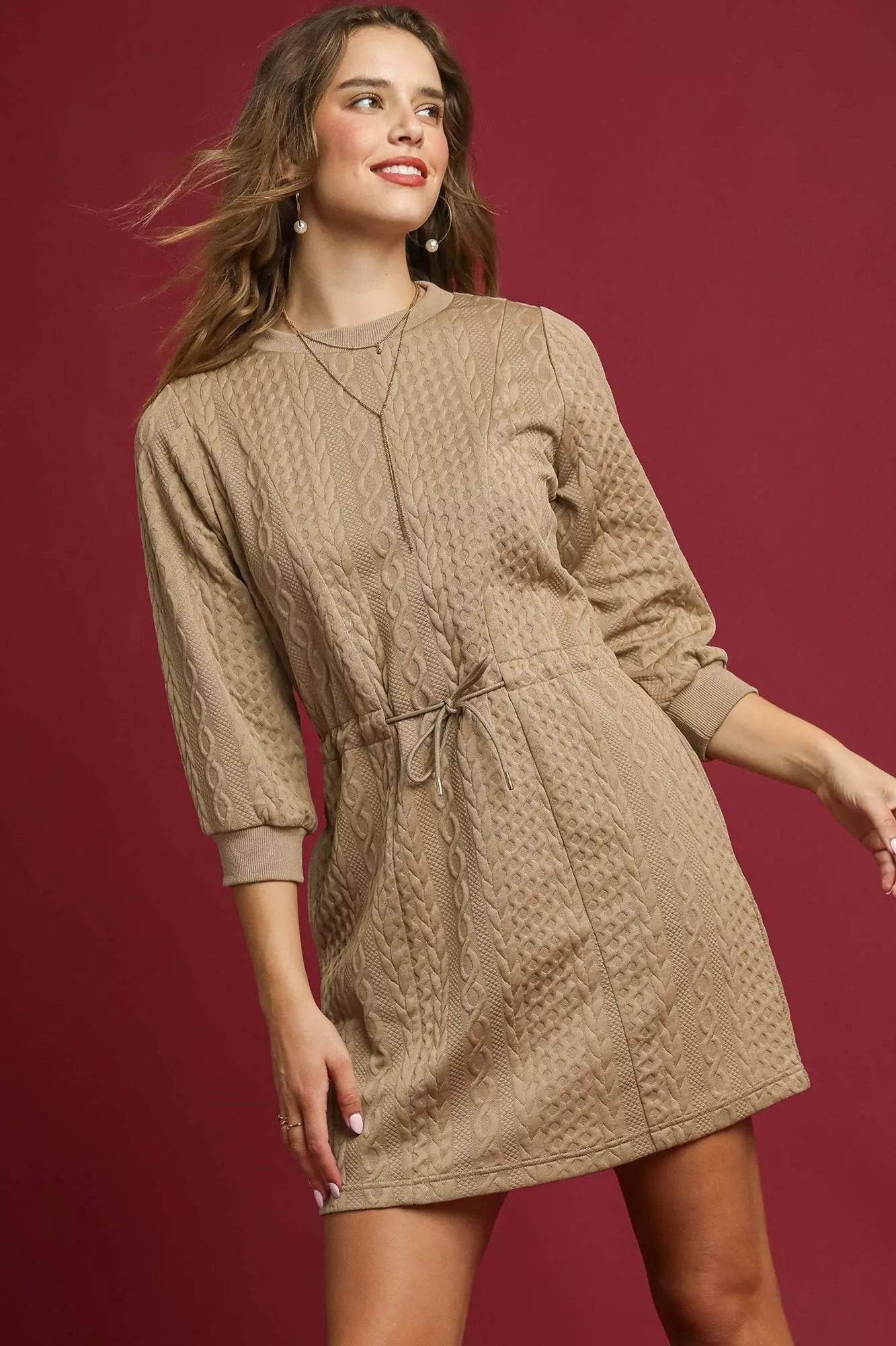 Umgee Drawstring Cable Knit Mini Dress with Pockets - ELY VESSA LLC