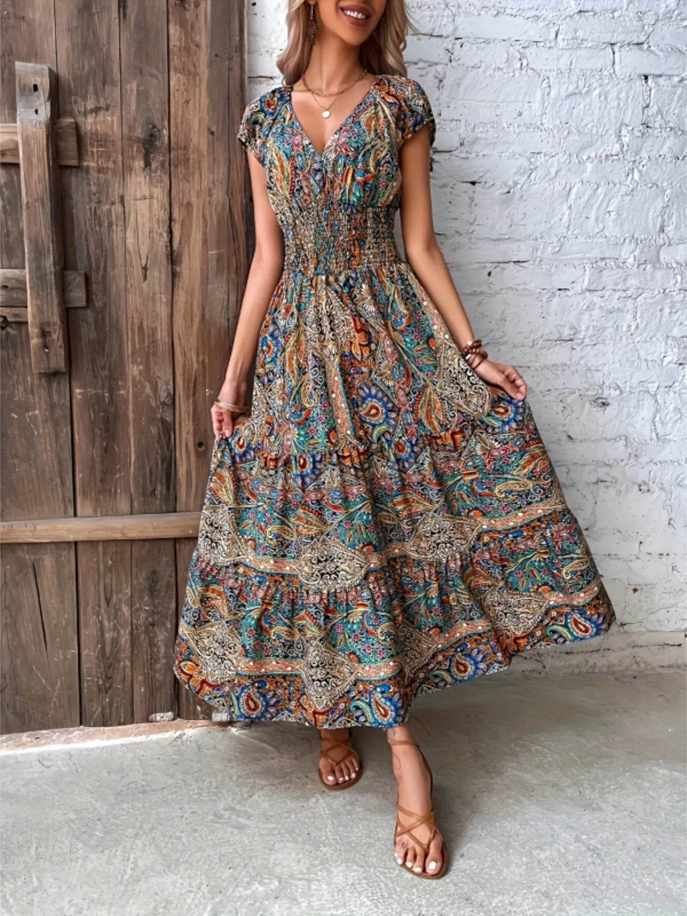 Printed V-Neck Cap Sleeve Dress - ELY VESSA LLC