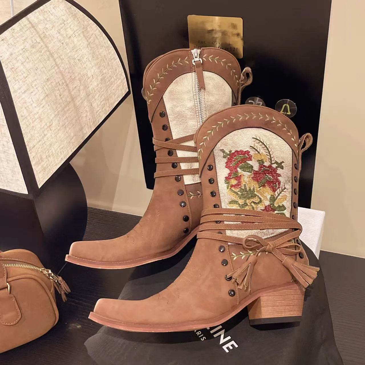 Vintage Floral Embroidered Western Cowgirl Boots - ELY VESSA LLC