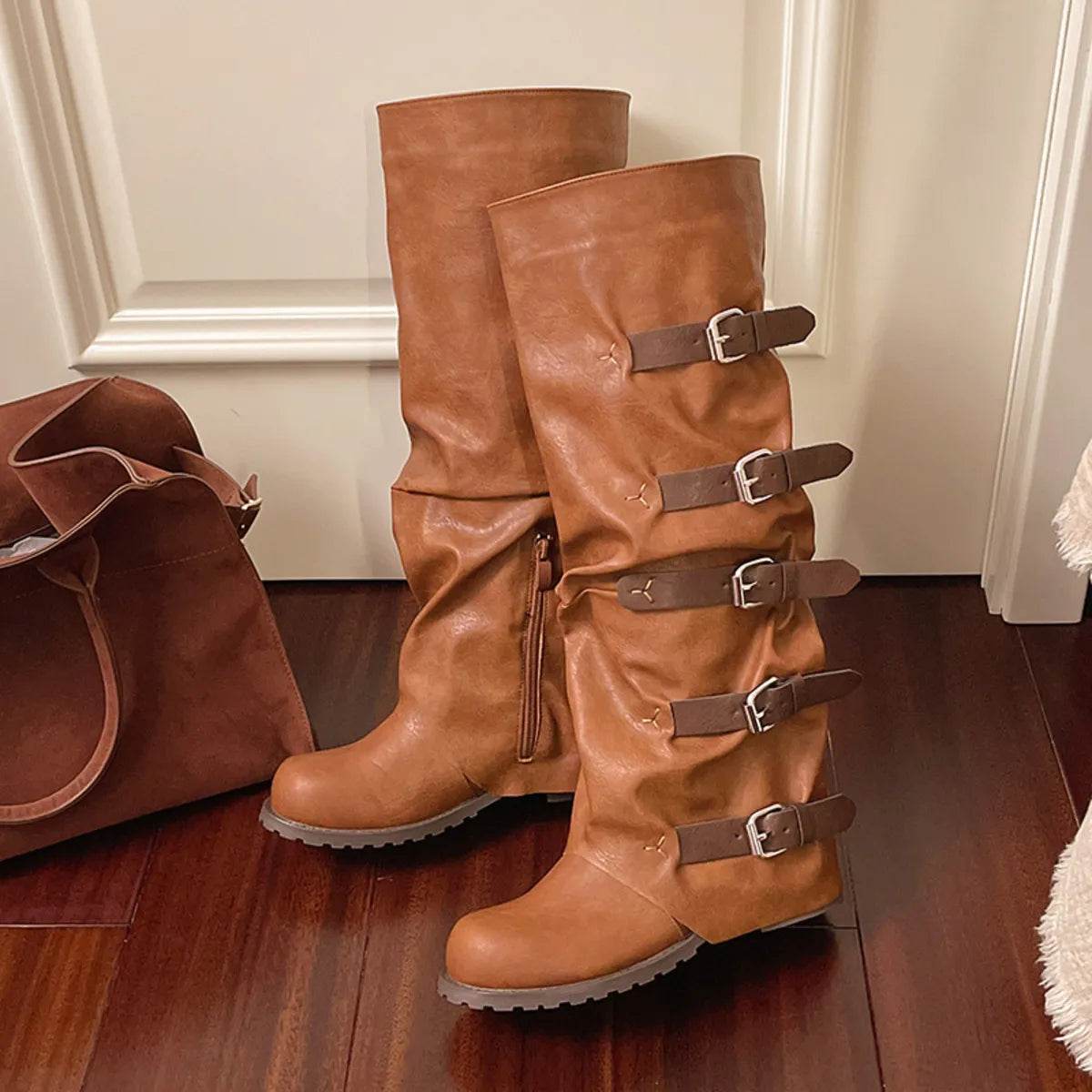 Multi-Buckle Knee-High Boots - ELY VESSA LLC