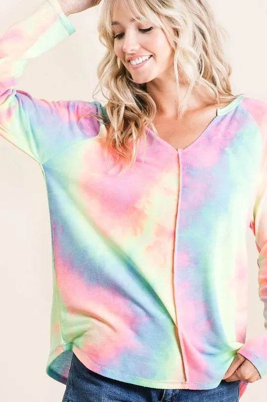 BiBi Long Sleeve Tie-Dye Terry T-Shirt - ELY VESSA LLC