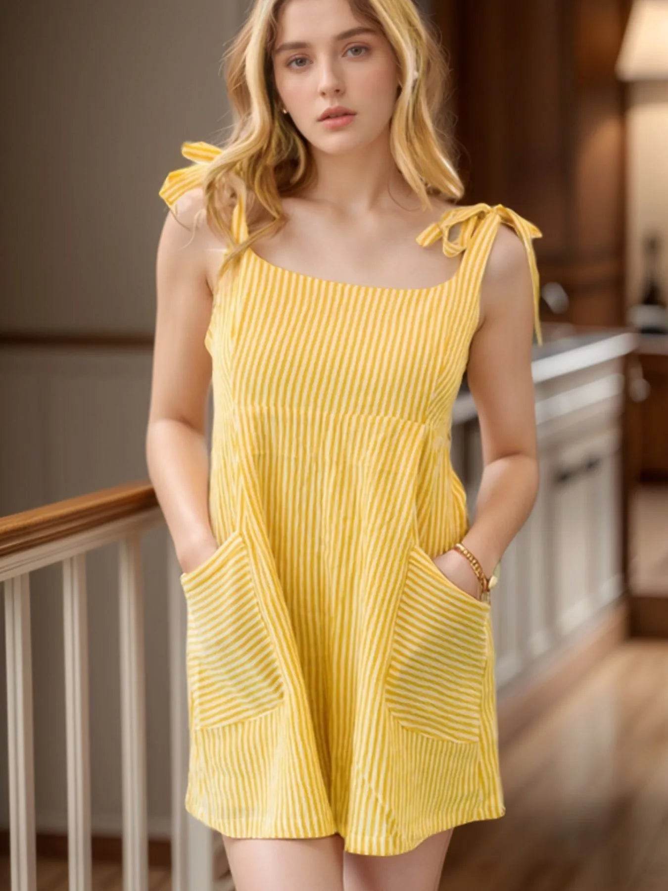 Stripe Shoulder Tie Smocked Back Casual Romper - ELY VESSA LLC