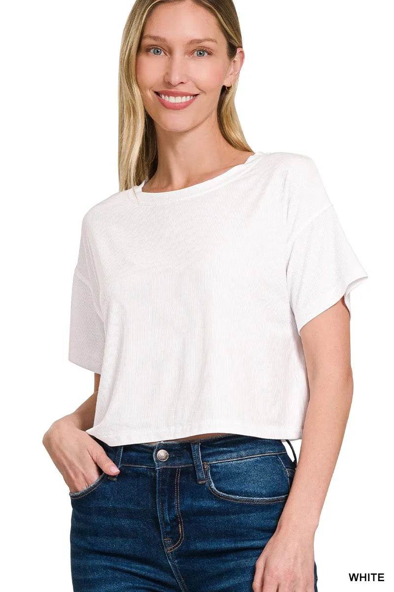 Zenana Ribbed Round-Neck Crop T-Shirt - ELY VESSA LLC
