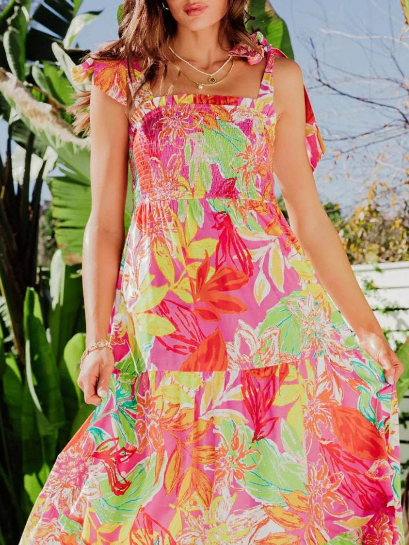 Tropical Print Tie Shoulder Maxi Dress - ELY VESSA LLC
