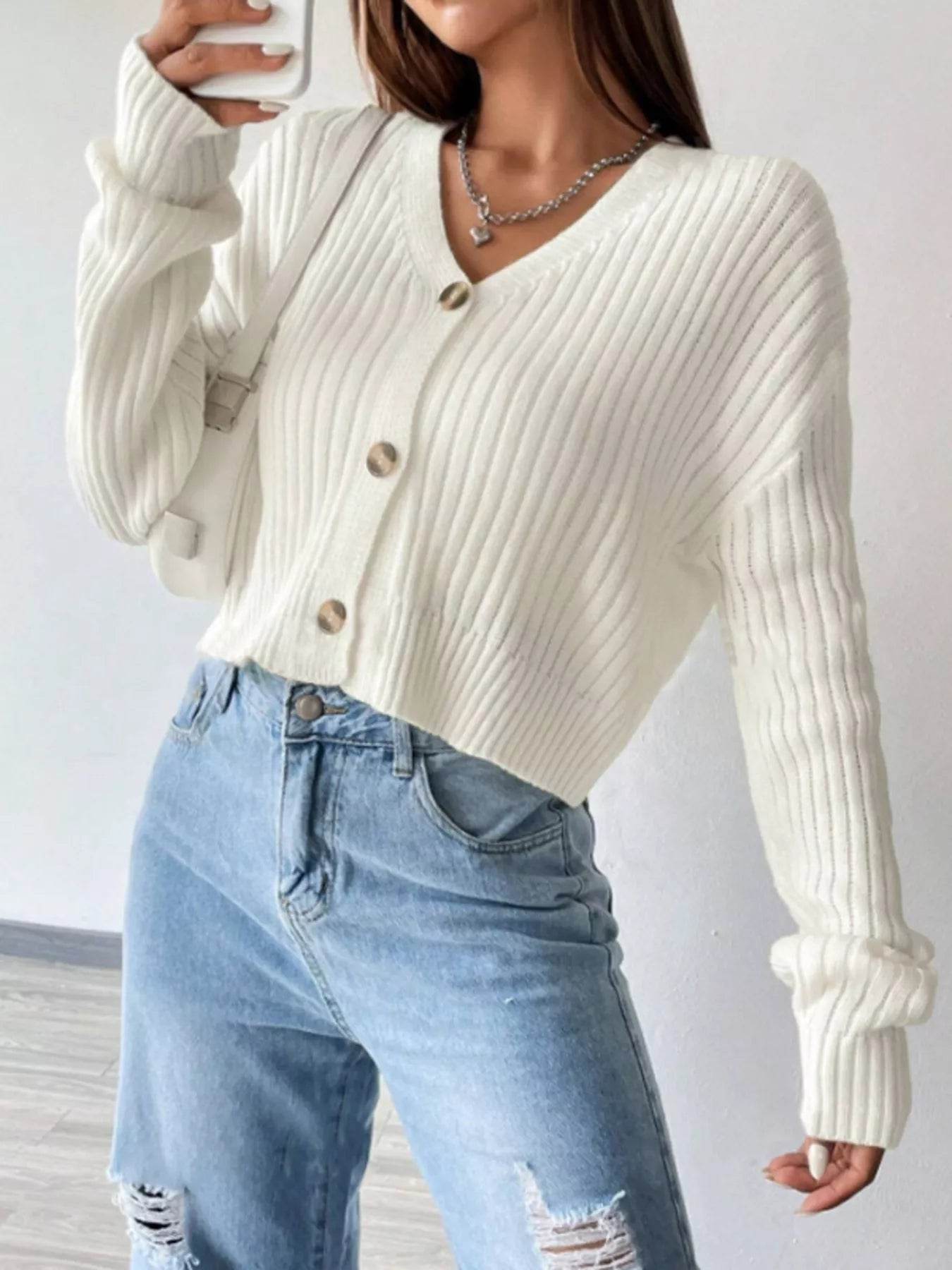 V-Neck Button-Up Cardigan - ELY VESSA LLC