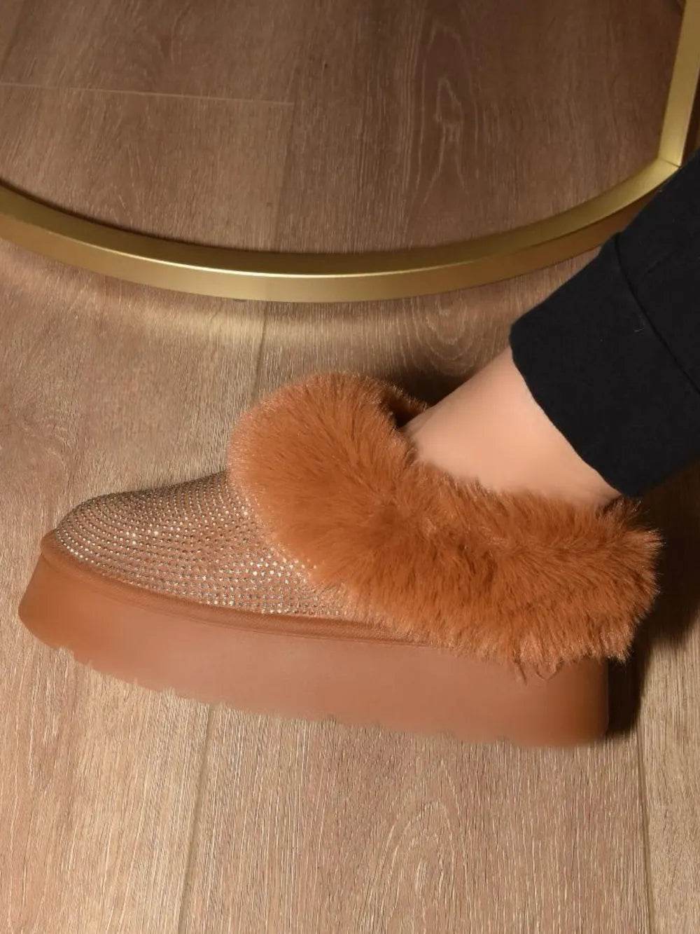 WILD DIVA Embellished Faux Fur Platform Booties - ELY VESSA LLC