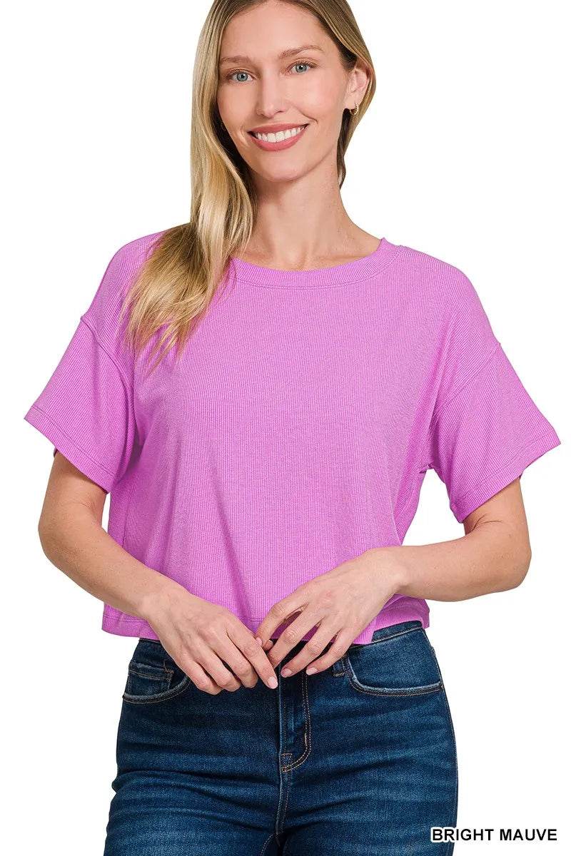 Zenana Ribbed Round-Neck Crop T-Shirt - ELY VESSA LLC