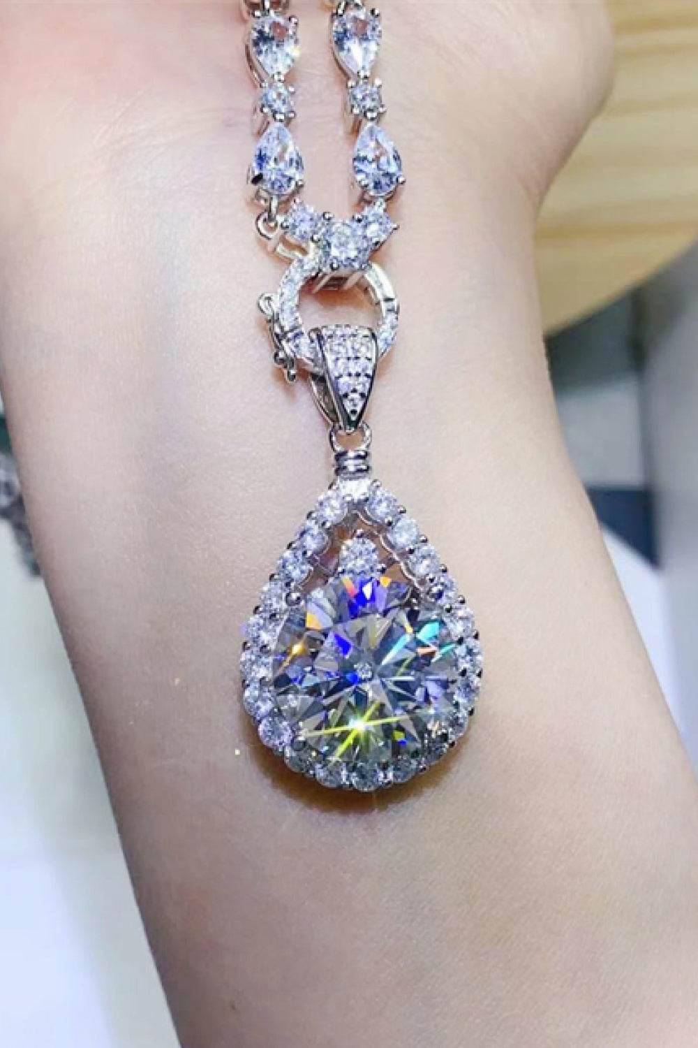 10 Carat Moissanite Teardrop Pendant Platinum-Plated Necklace - ELY VESSA LLC