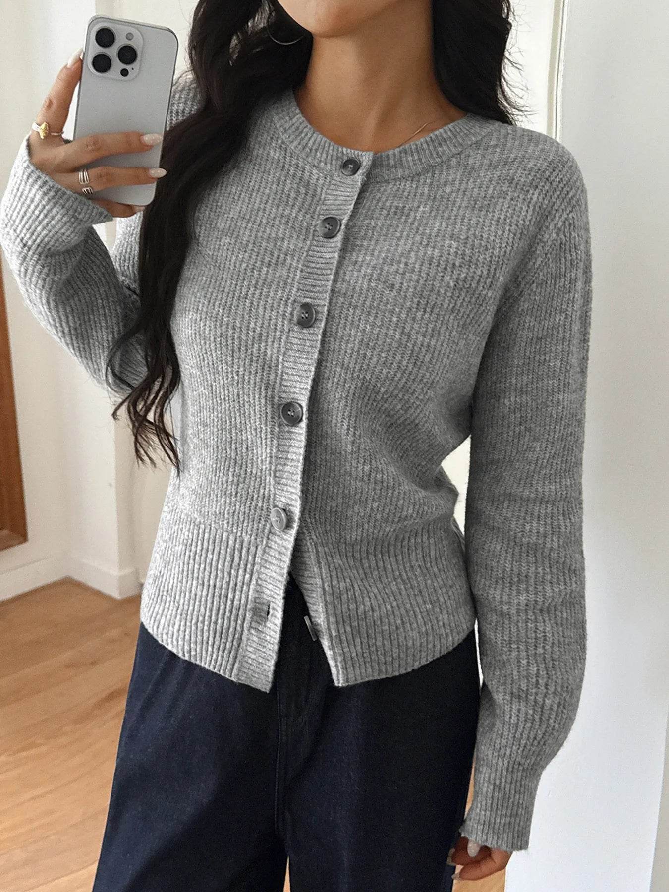 Button-Up Ribbed Knit Cardigan - ELY VESSA LLC