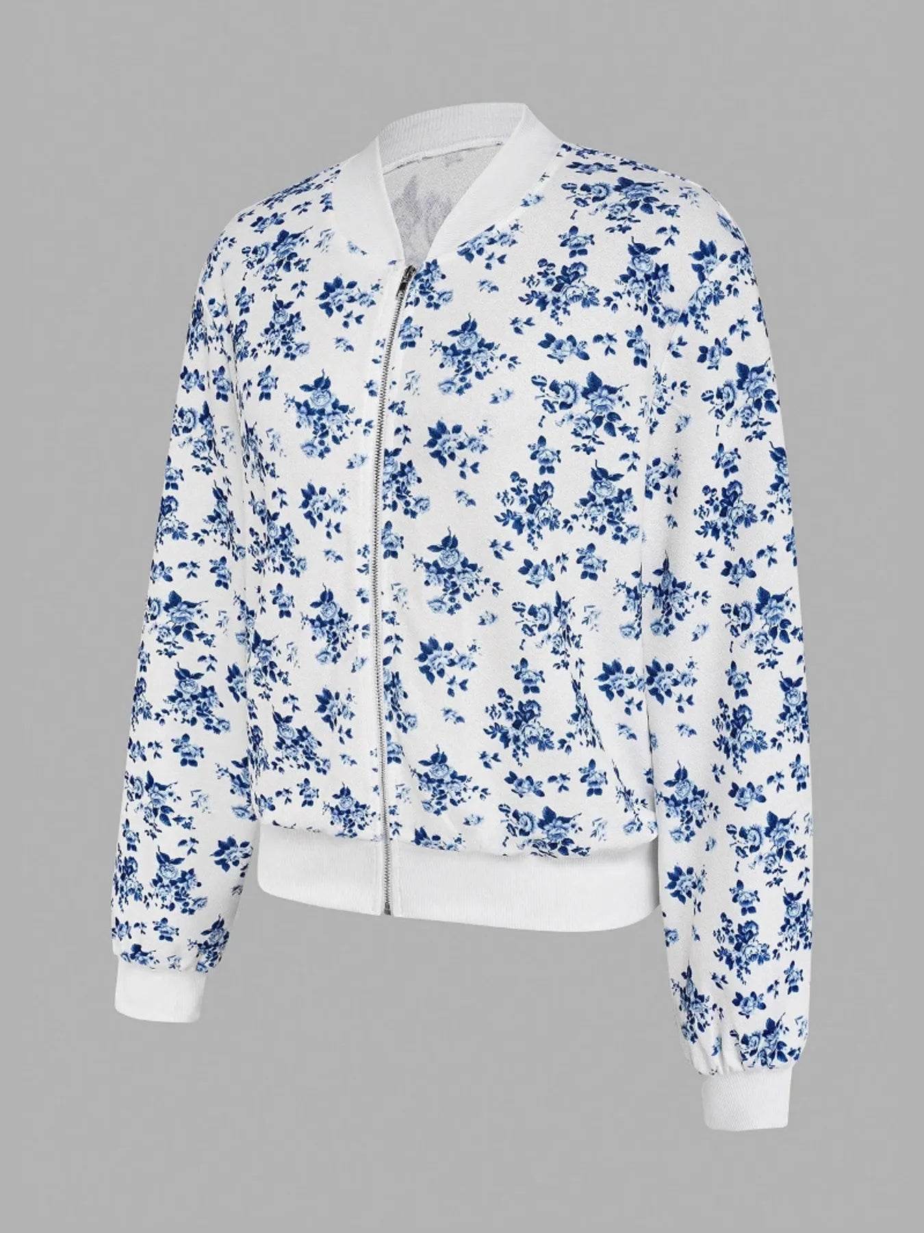 Printed Zip Up Long Sleeve Jacket - ELY VESSA LLC