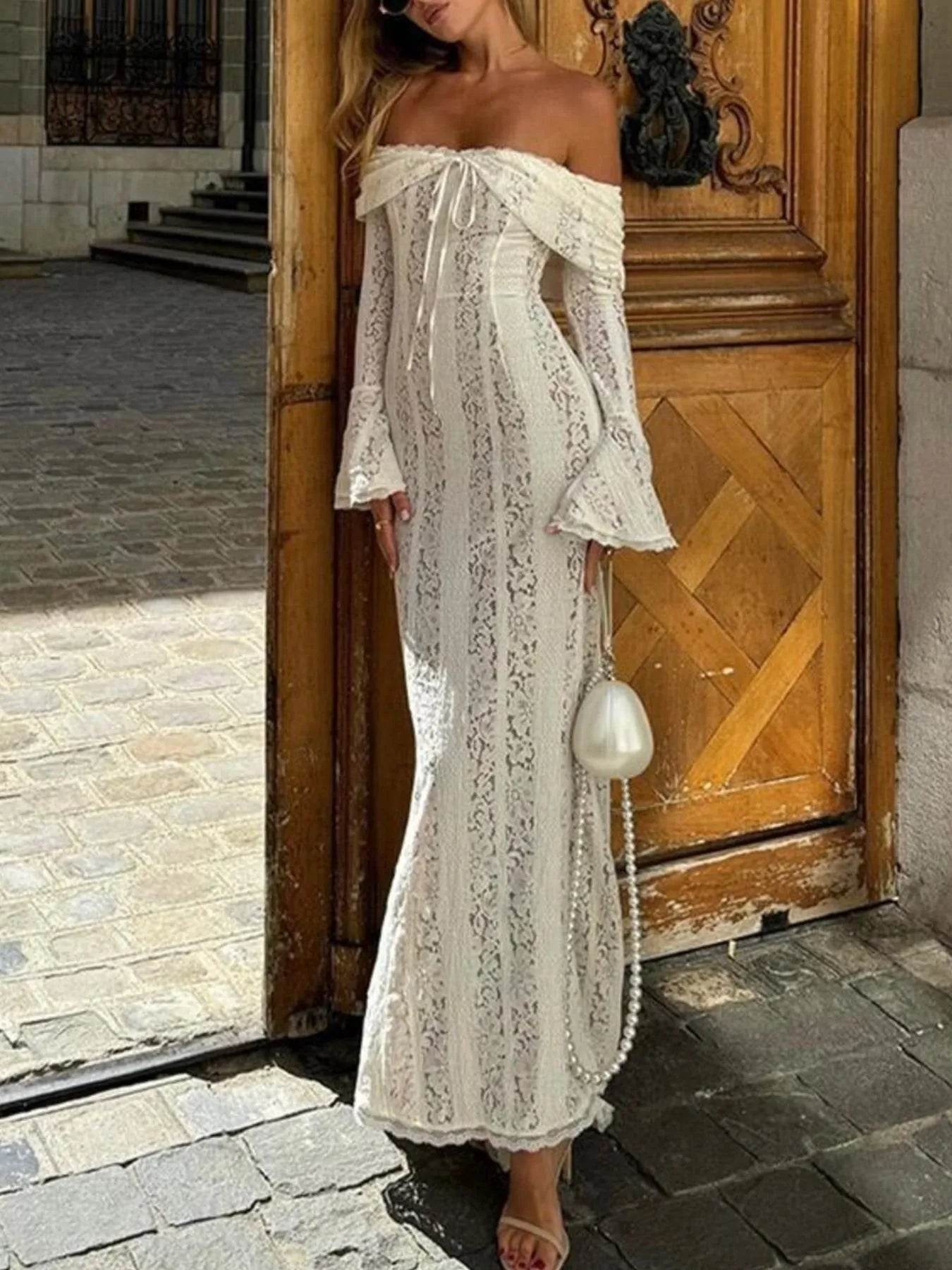 Lace Off-Shoulder Flounce Sleeve Maxi Dress - ELY VESSA LLC