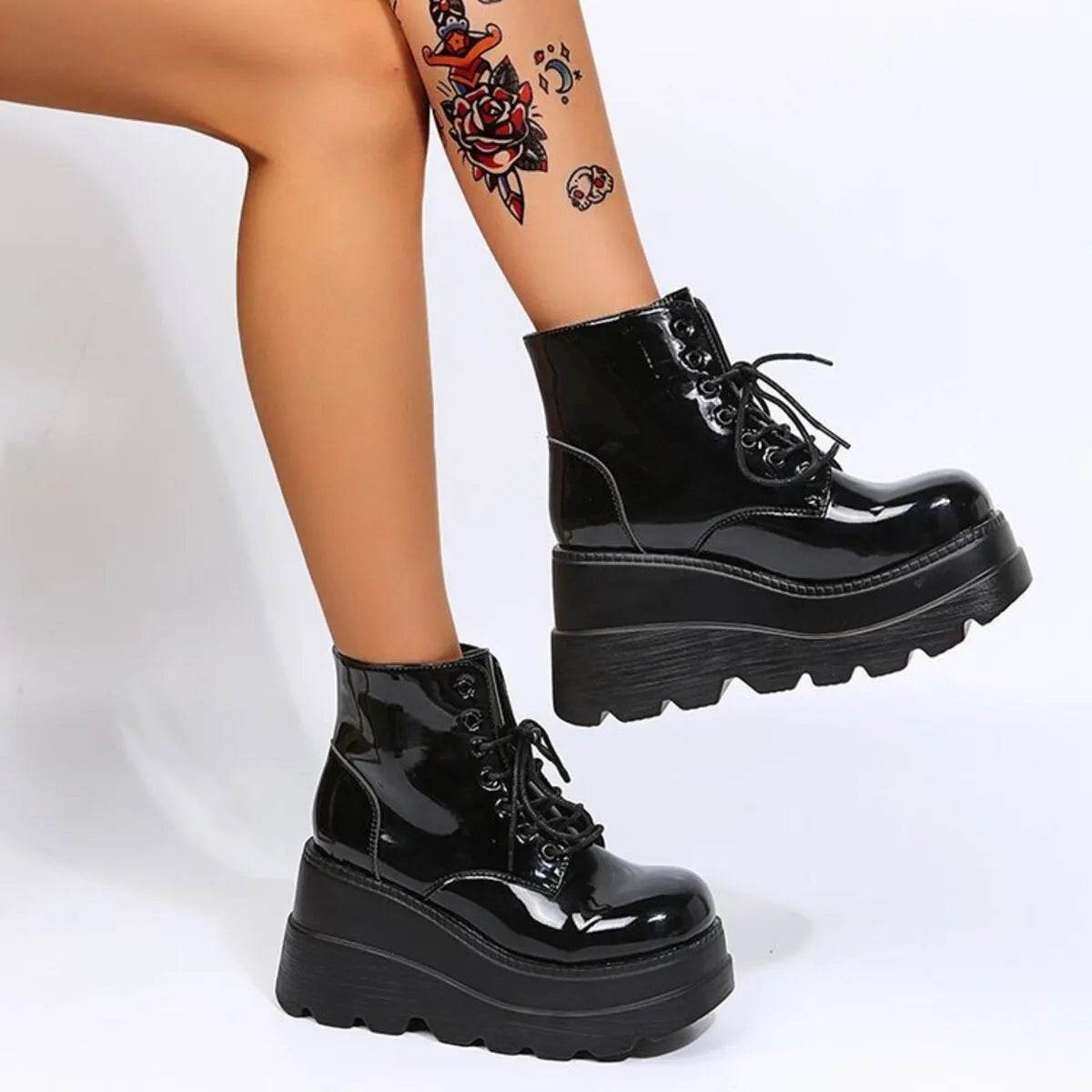 Lace Up Platform Wedge Boots - ELY VESSA LLC
