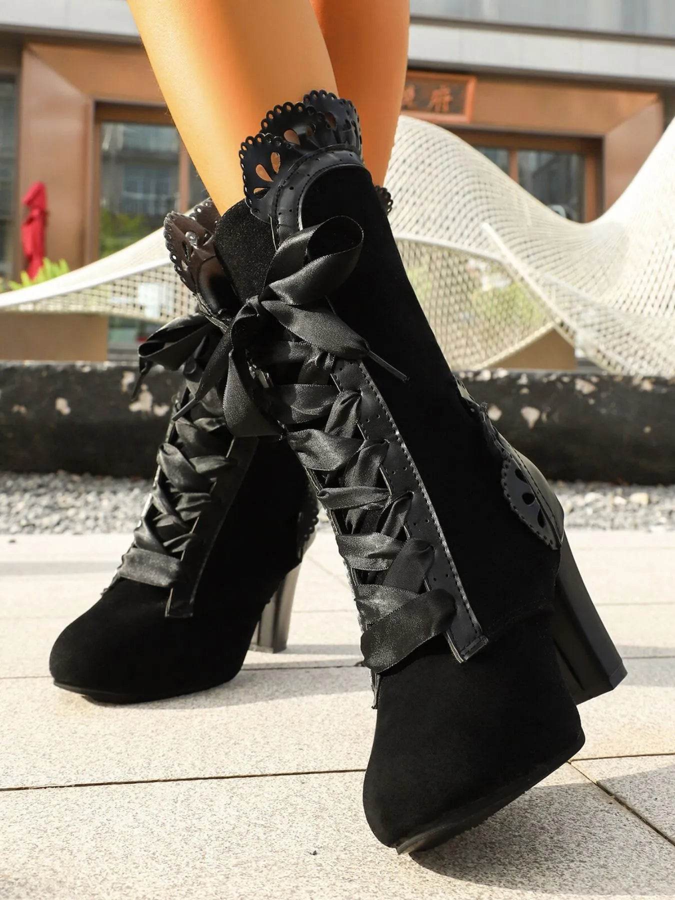 Lace Up Block Heels Boots - ELY VESSA LLC