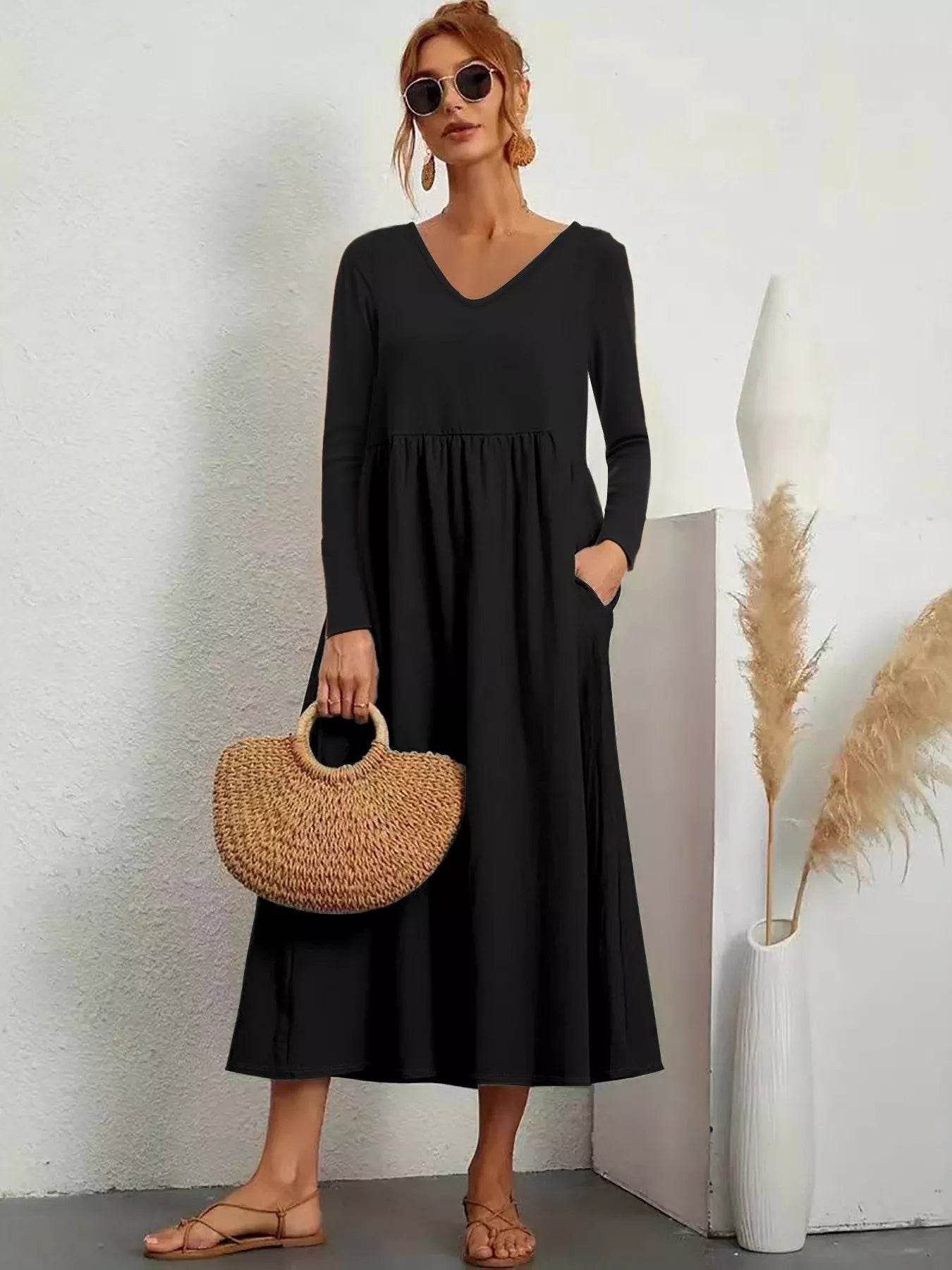 V-Neck Long Sleeve Midi Dress - ELY VESSA LLC