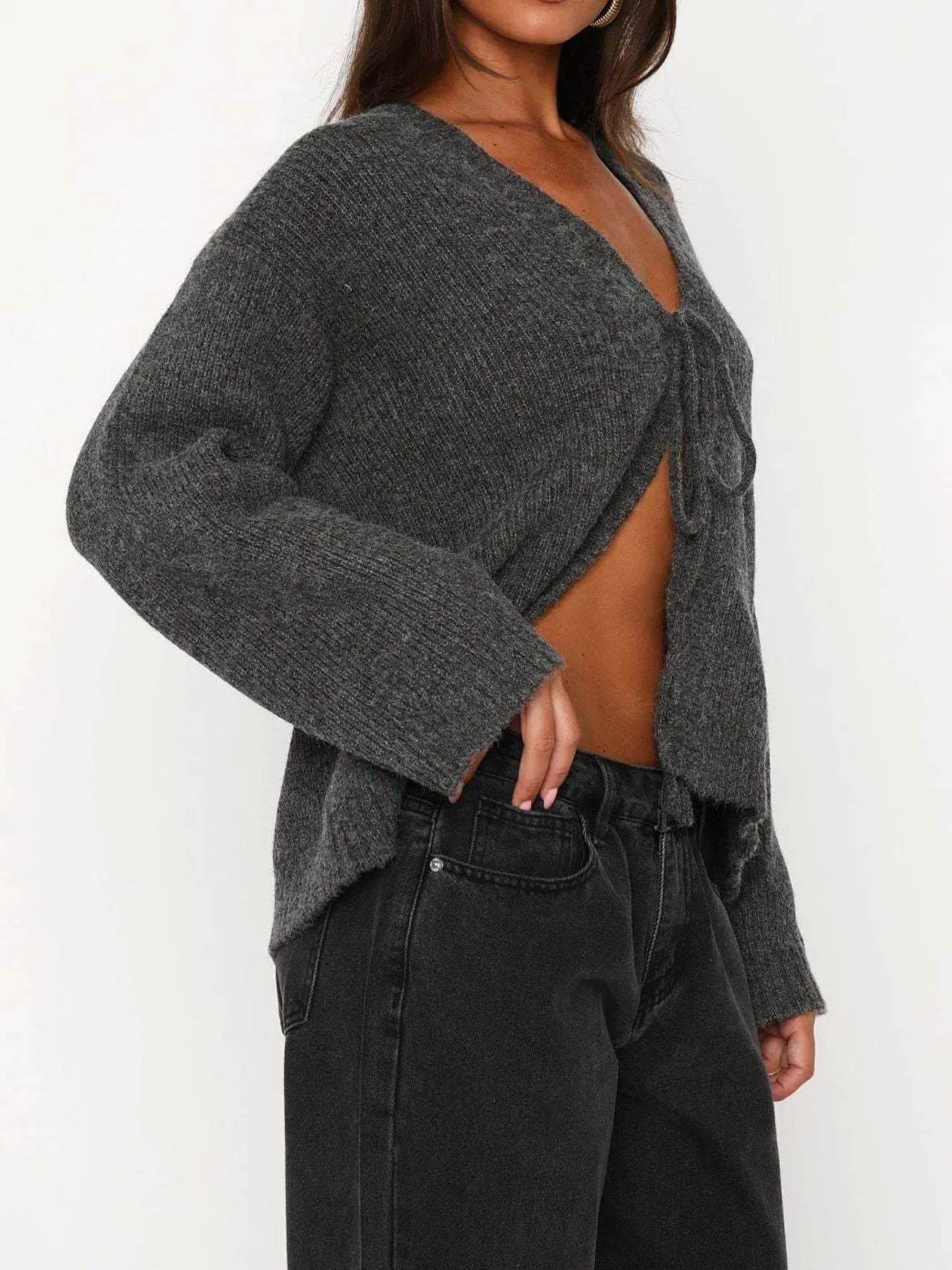 Open Front Tied Sweater Cardigan - ELY VESSA LLC