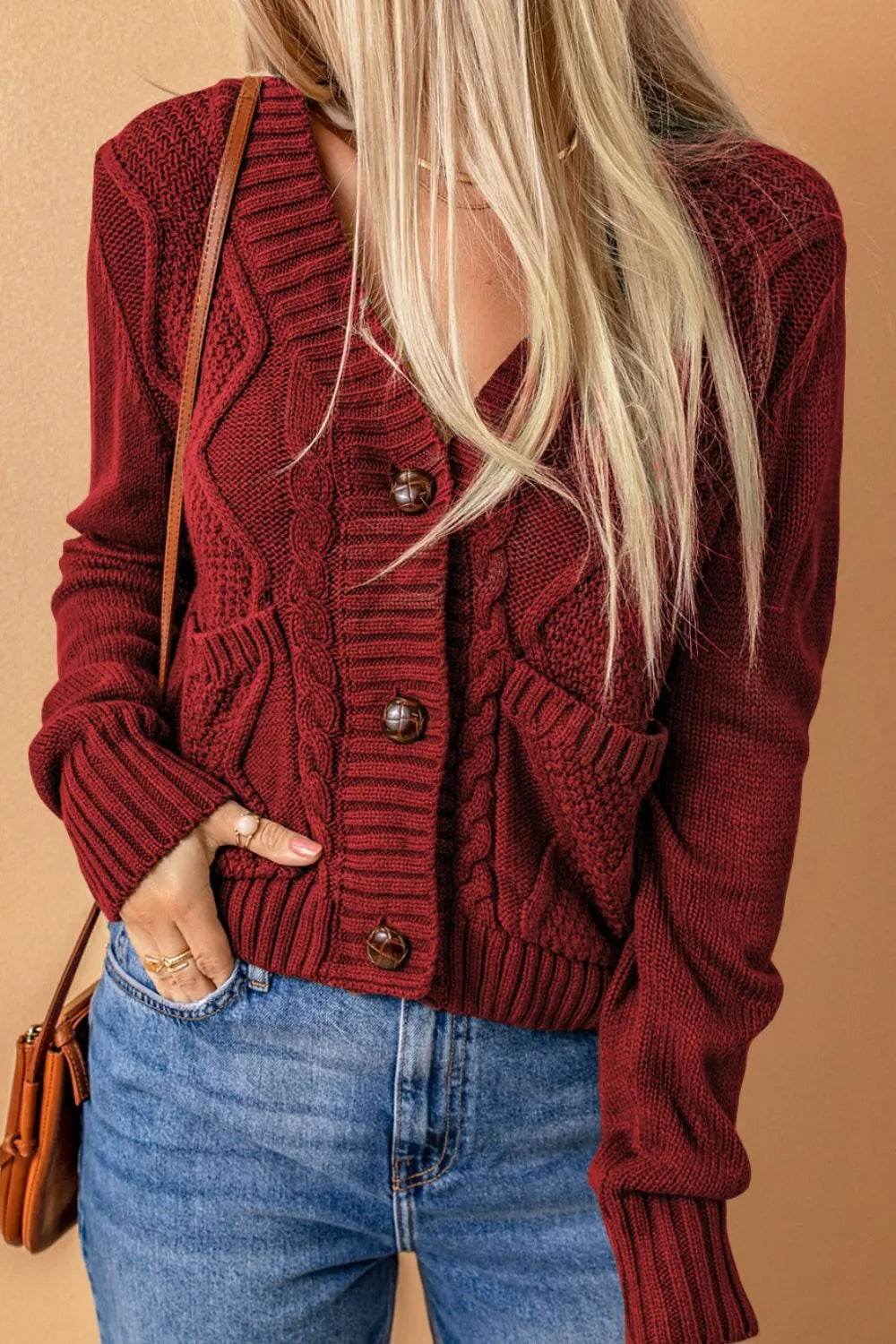 Cable-Knit Button Down V-Neck Cardigan - ELY VESSA LLC
