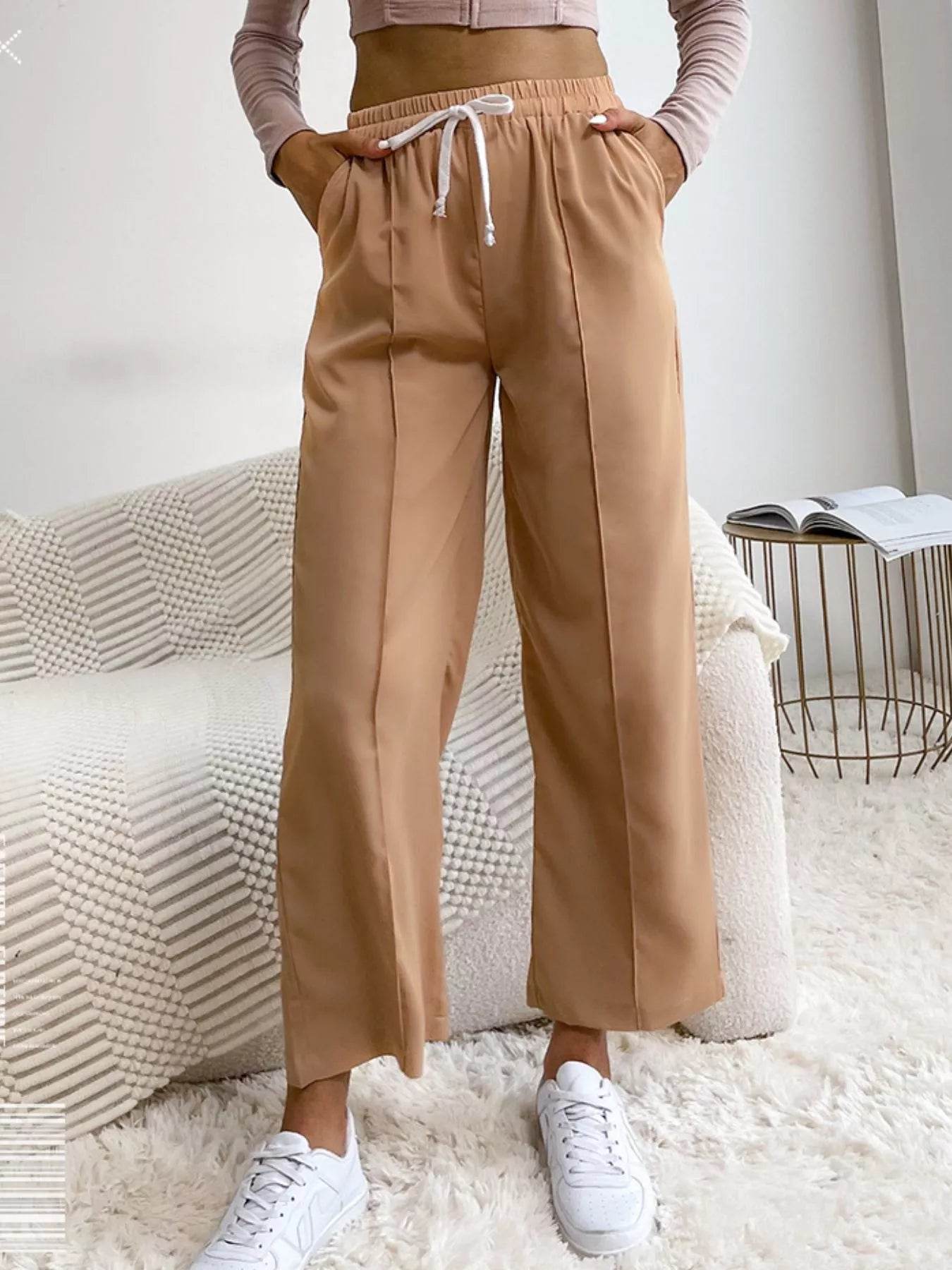 Wide Leg Drawstring Casual Pants - ELY VESSA LLC
