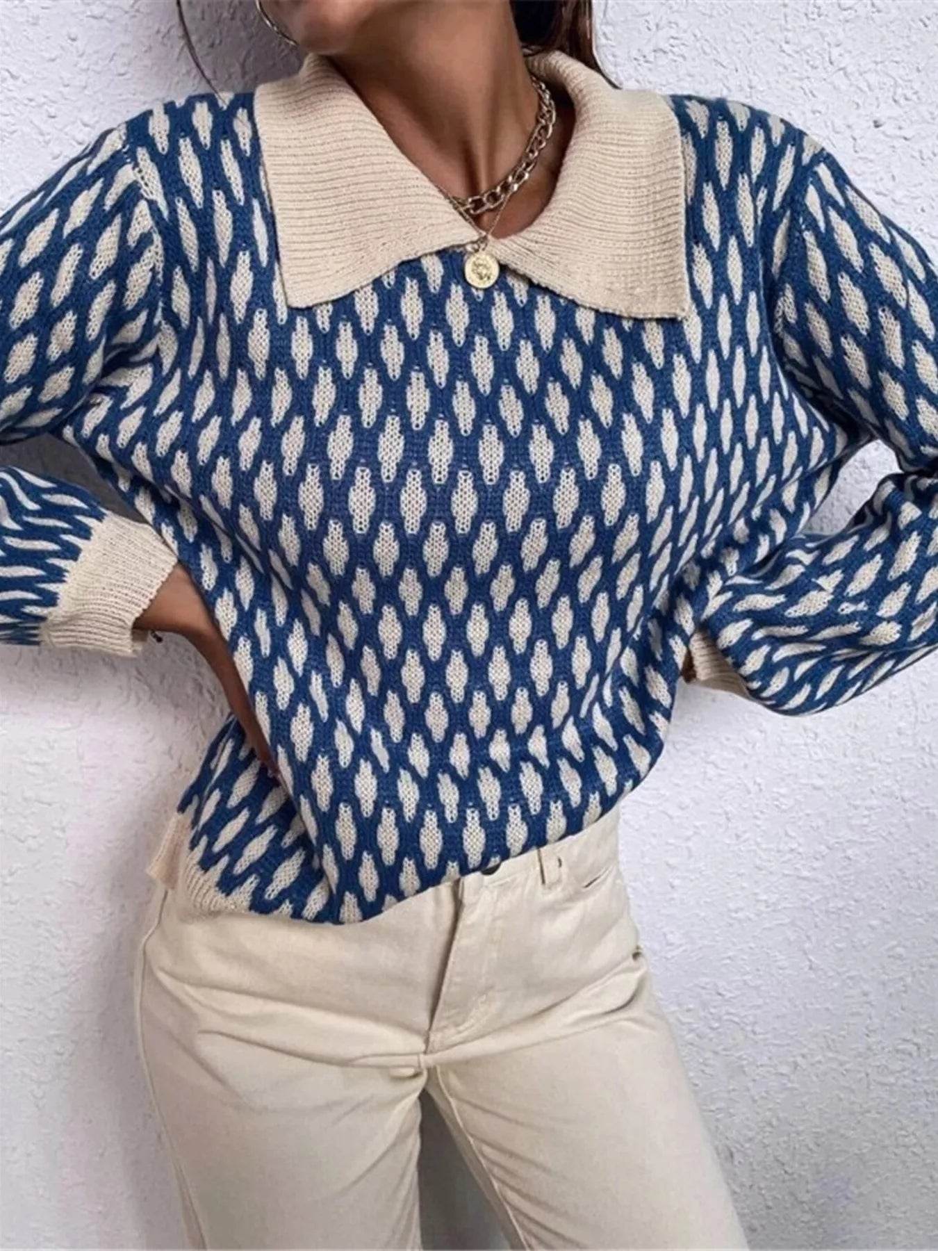 Diamond Pattern Peter Pan Collar Sweater - ELY VESSA LLC