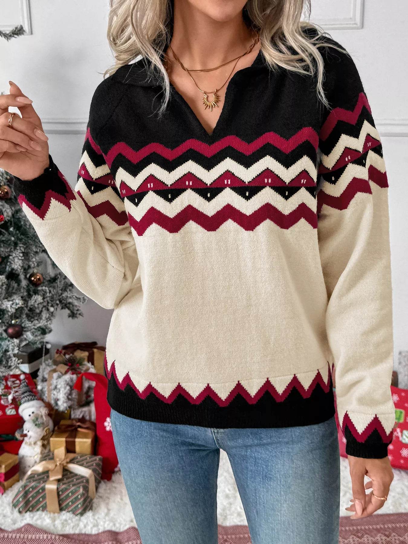 Chevron Pattern Long Sleeve Sweater - ELY VESSA LLC